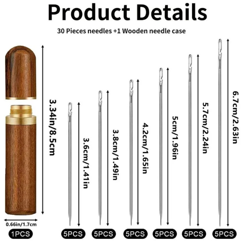 30pcs Self-Threading Blind Sewing Needles with Wooden Storage Case - NEW