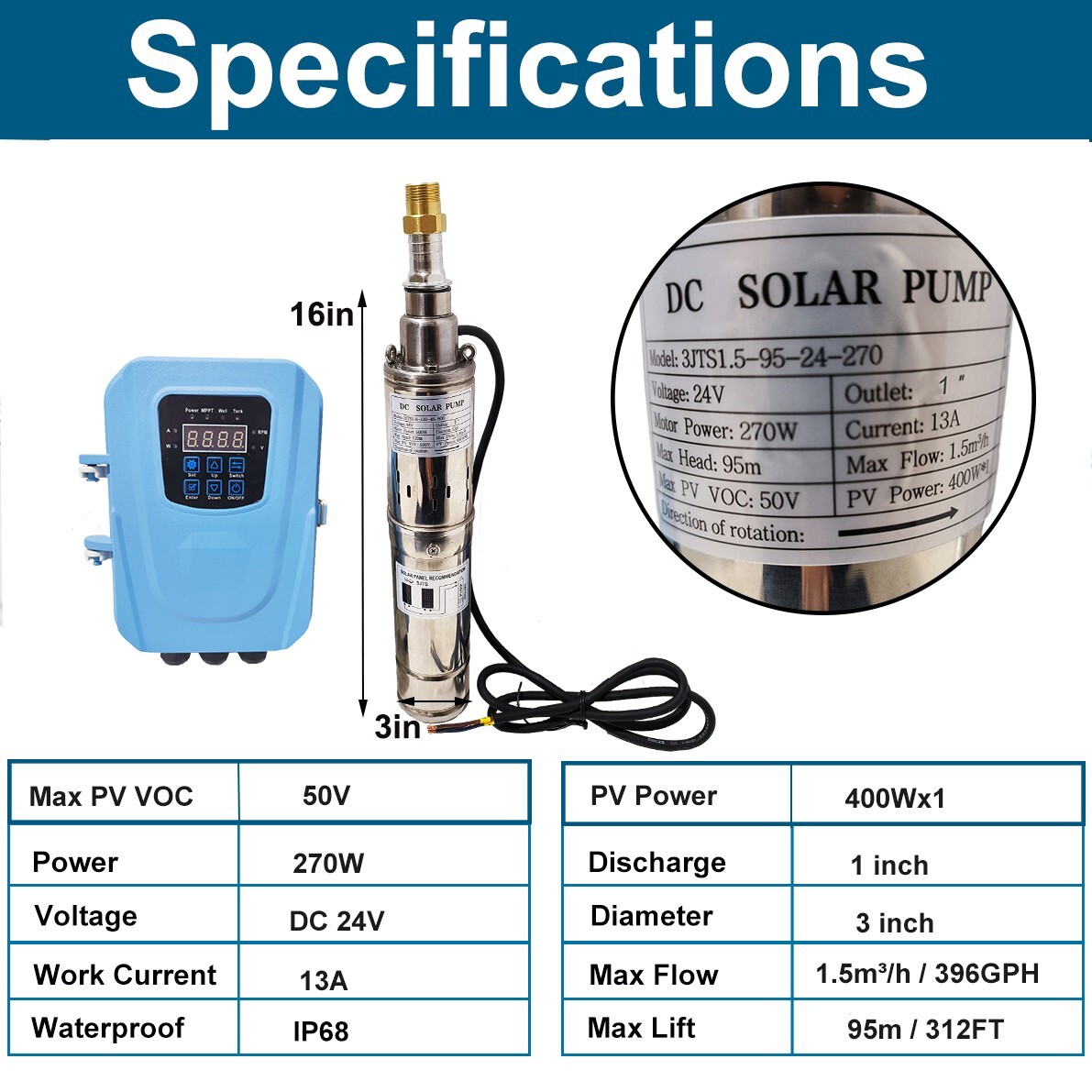 3" Solar Pump Submersible Pump Bore DC 24V 270W Deep Well Pump + MPPT Controller