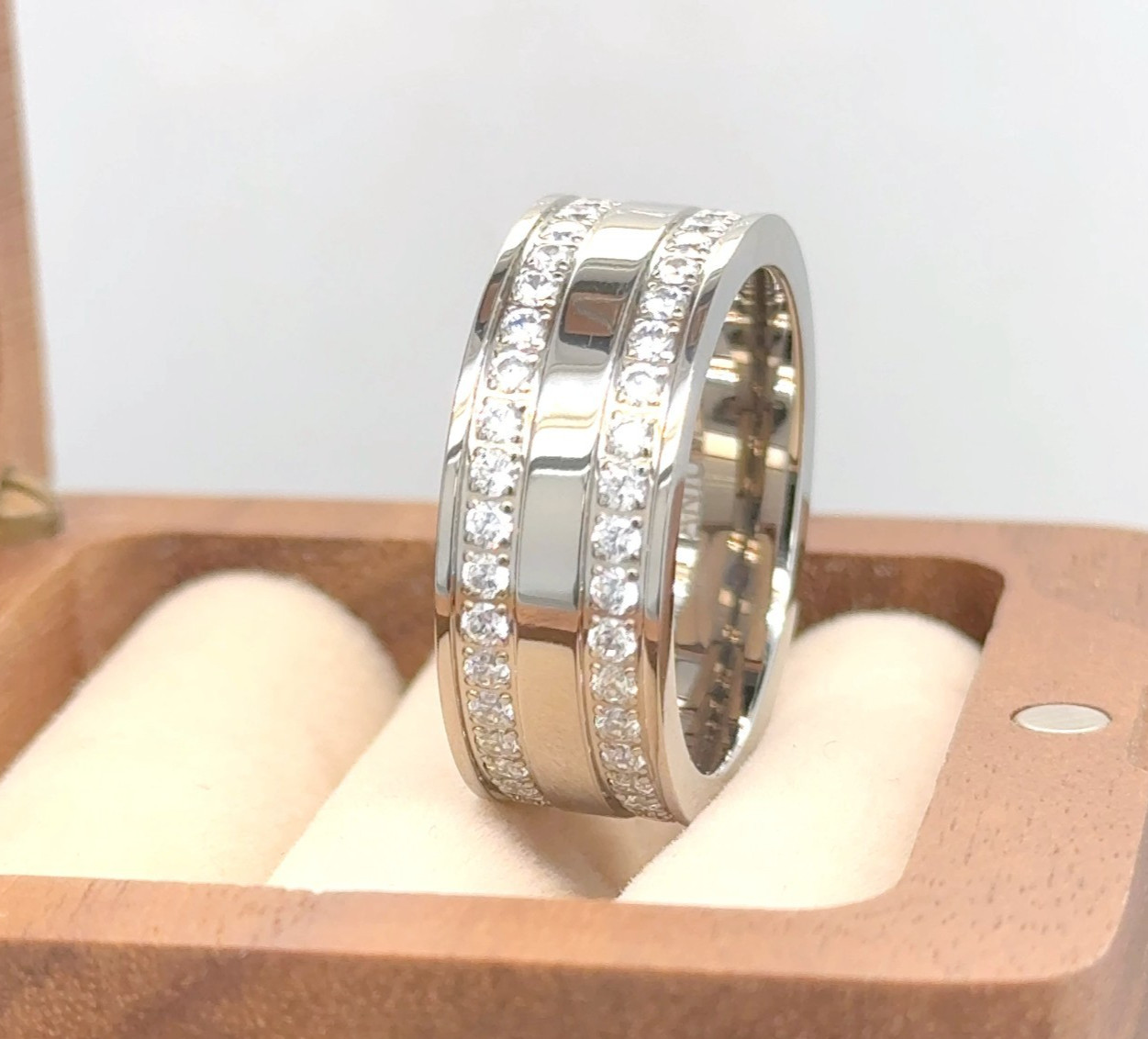 Mens Titanium Ring, Titanium Wedding Band, CZ Eternity Ring, Round cut CZ Band