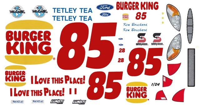 #85 Ken Bouchard Burger King FORD 1/64th HO Scale Nascar Waterslide Decals