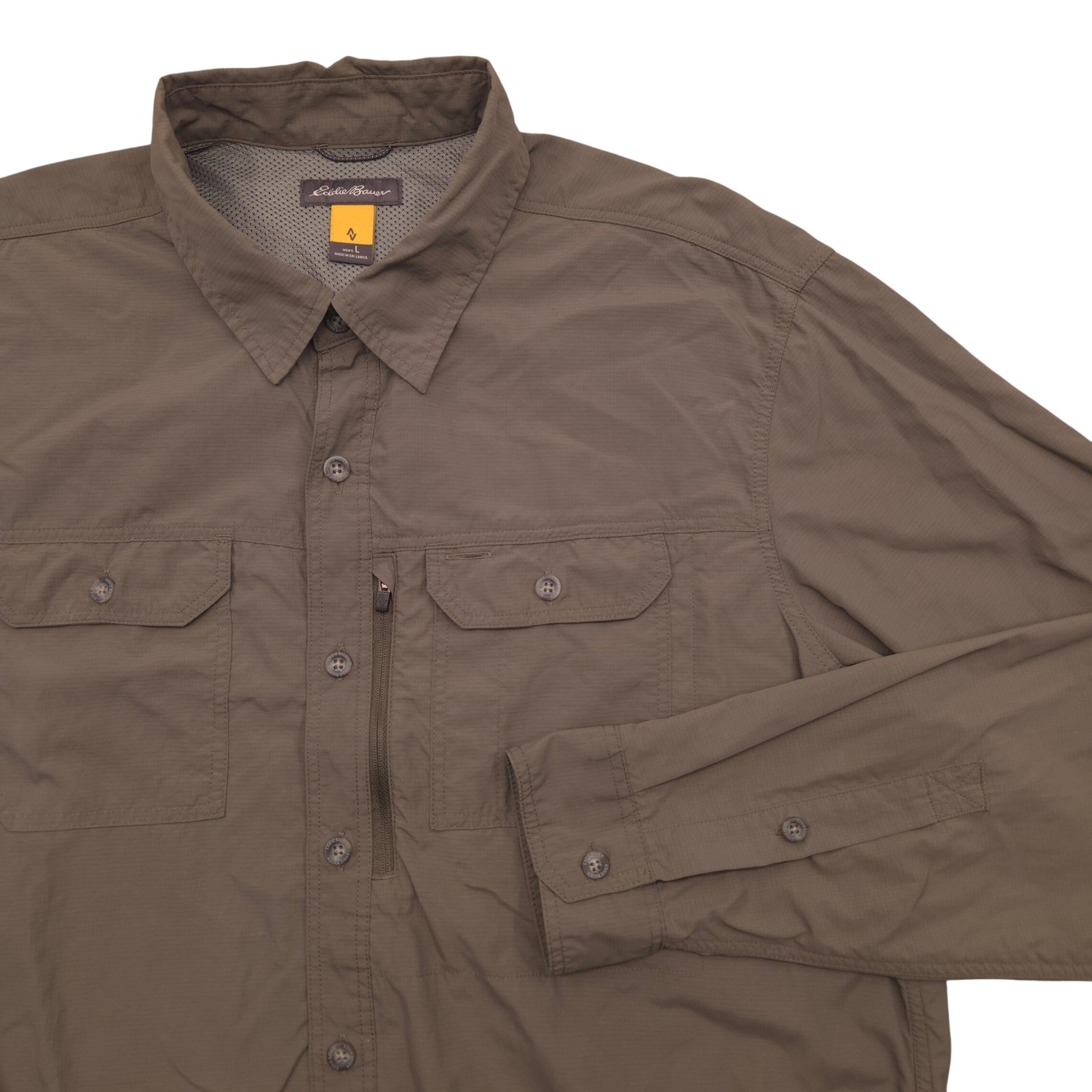 Eddie Bauer Travex Long Sleeve Button Up Vented Shirt Olive Green Mens Large