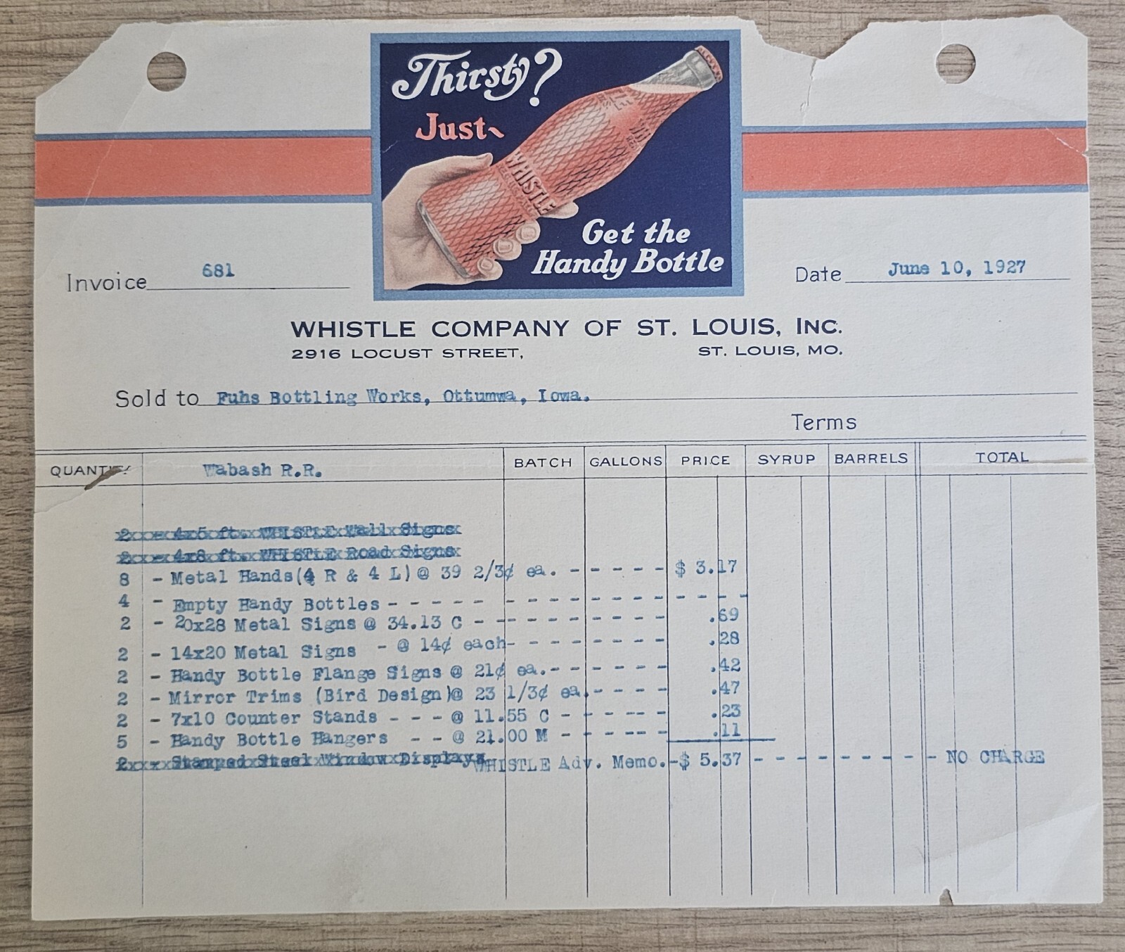 1927 Whistle Company of St. Louis Illustrated Billhead Receipt St. Louis, MO
