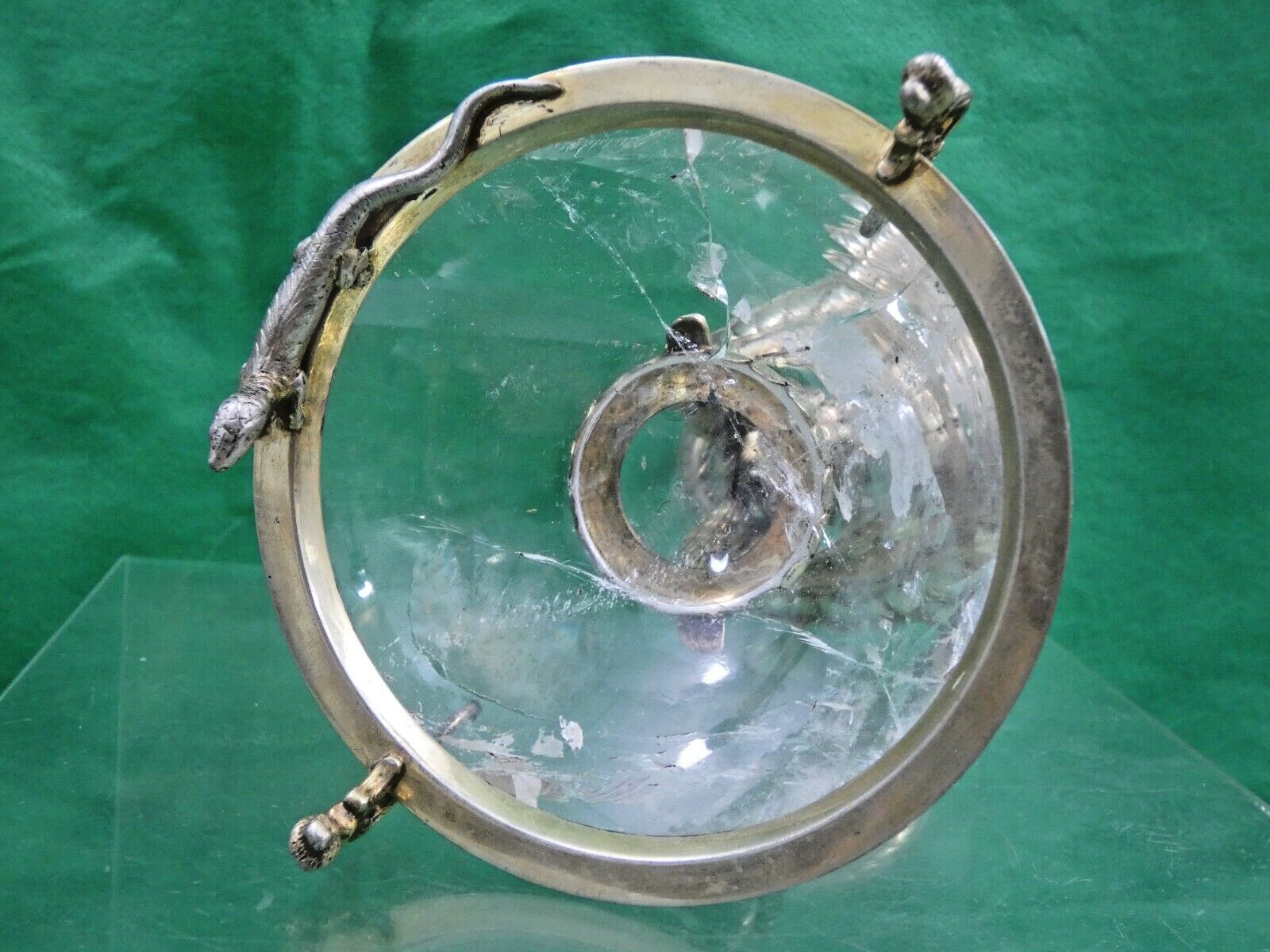 GORGEOUS SILVER - GILT / ROCK CRYSTAL TAZZA ANTIQUE GERMAN FIGURAL EAGLE LIZARD