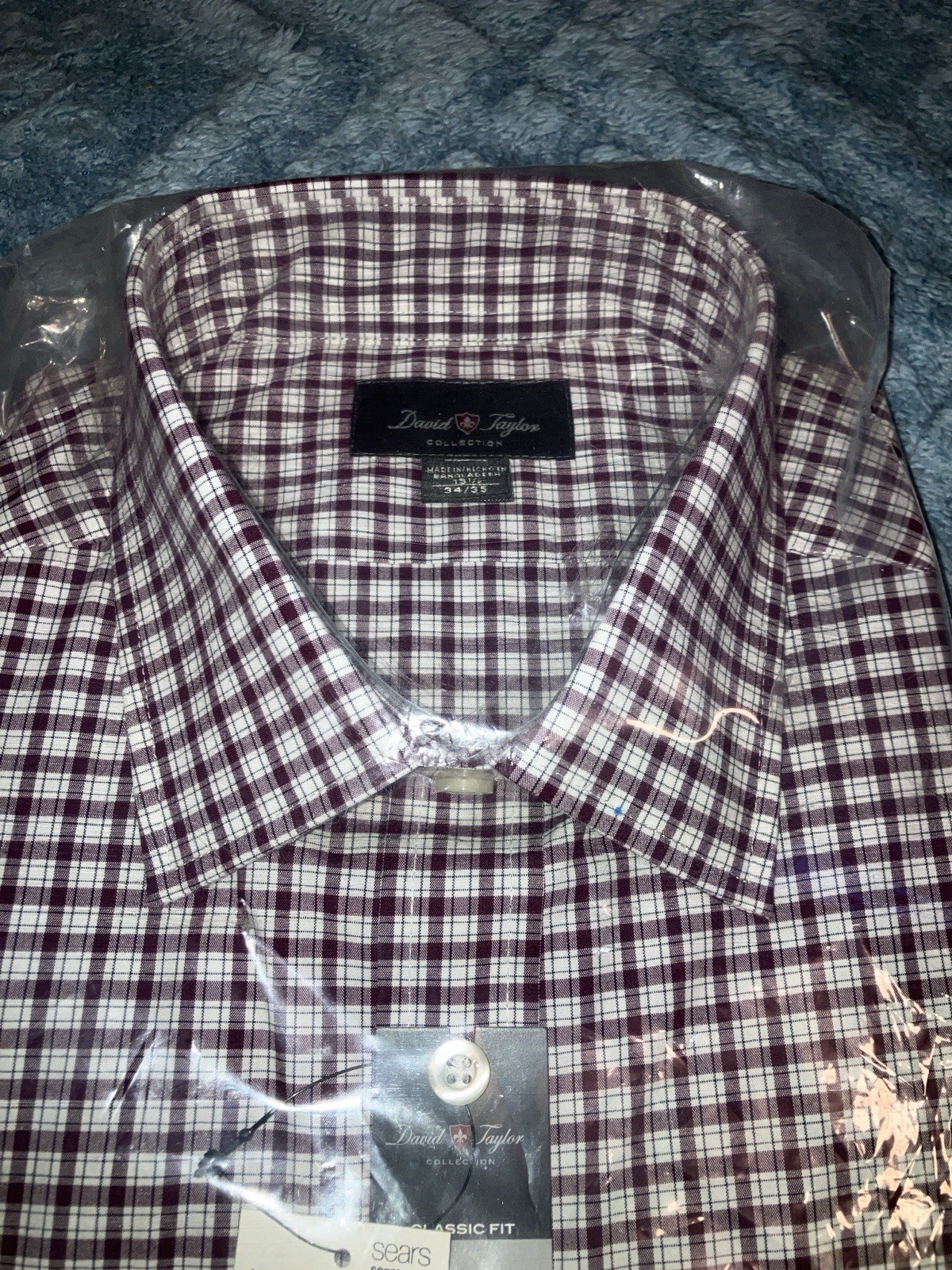 DAVID TAYLOR MAROON DRESS SHIRT PLAID CHECKERED LONG SLEEVE 15.5 34/35 NEW