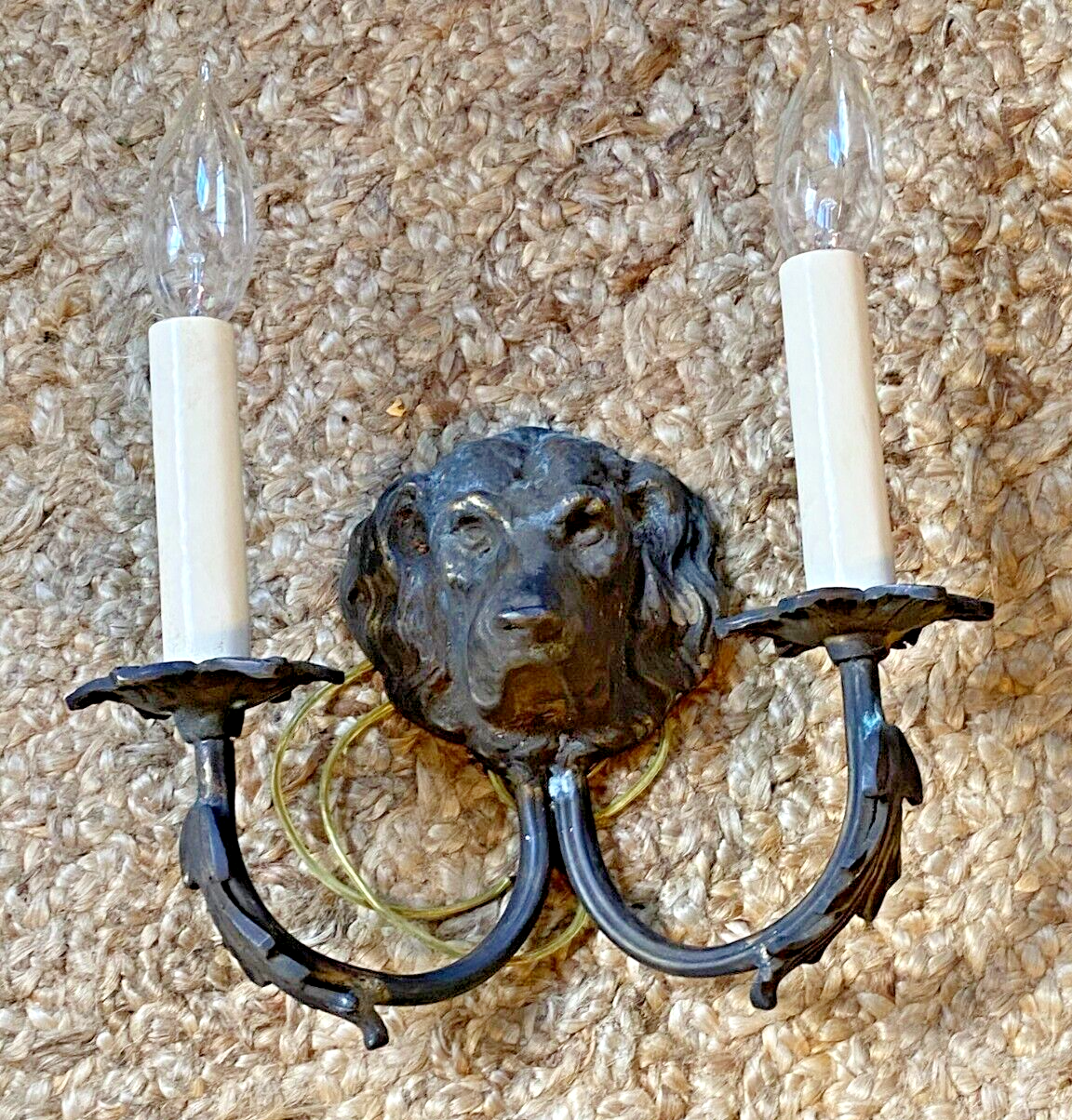 RARE PAIR Antique Two Arm Bronze Dog Wall SCONCE Lights Set of 2