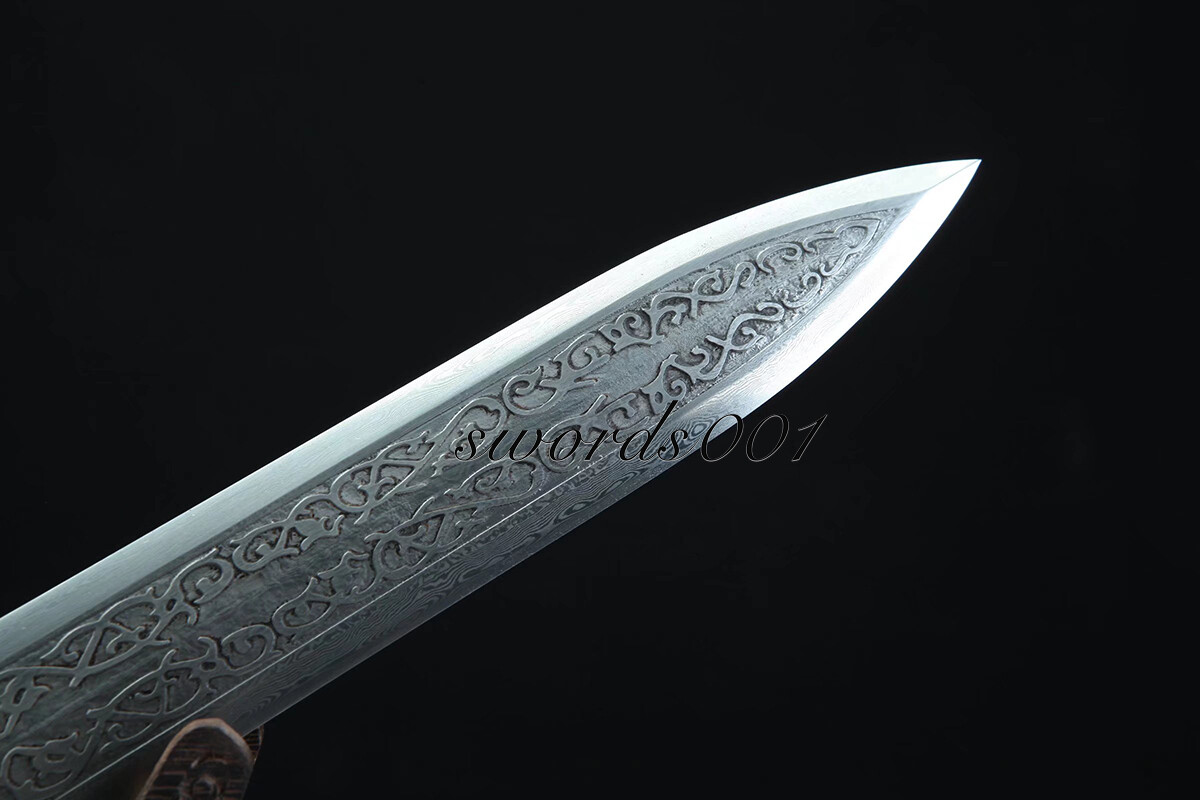Handmade Exquisite Brass Handle Short Sword Damascus Steel Blade Leather Sheath