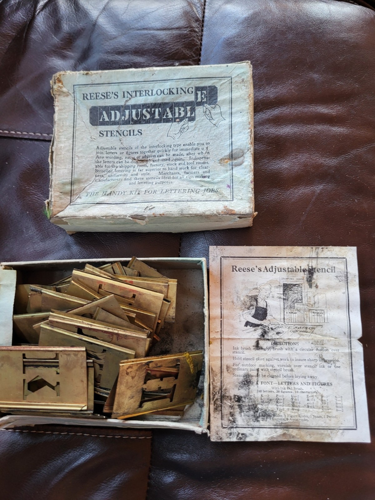 Box Full Of Vintage Reese's Interlocking Adjustable Brass Stencils