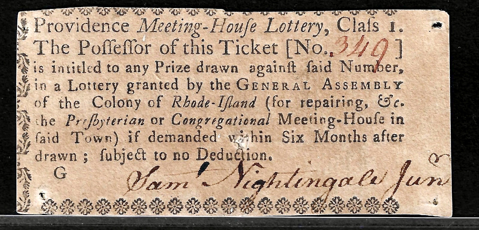 Ca 1760 Colonial Rhode Island Providence Meeting House Lottery Sig Nightengale