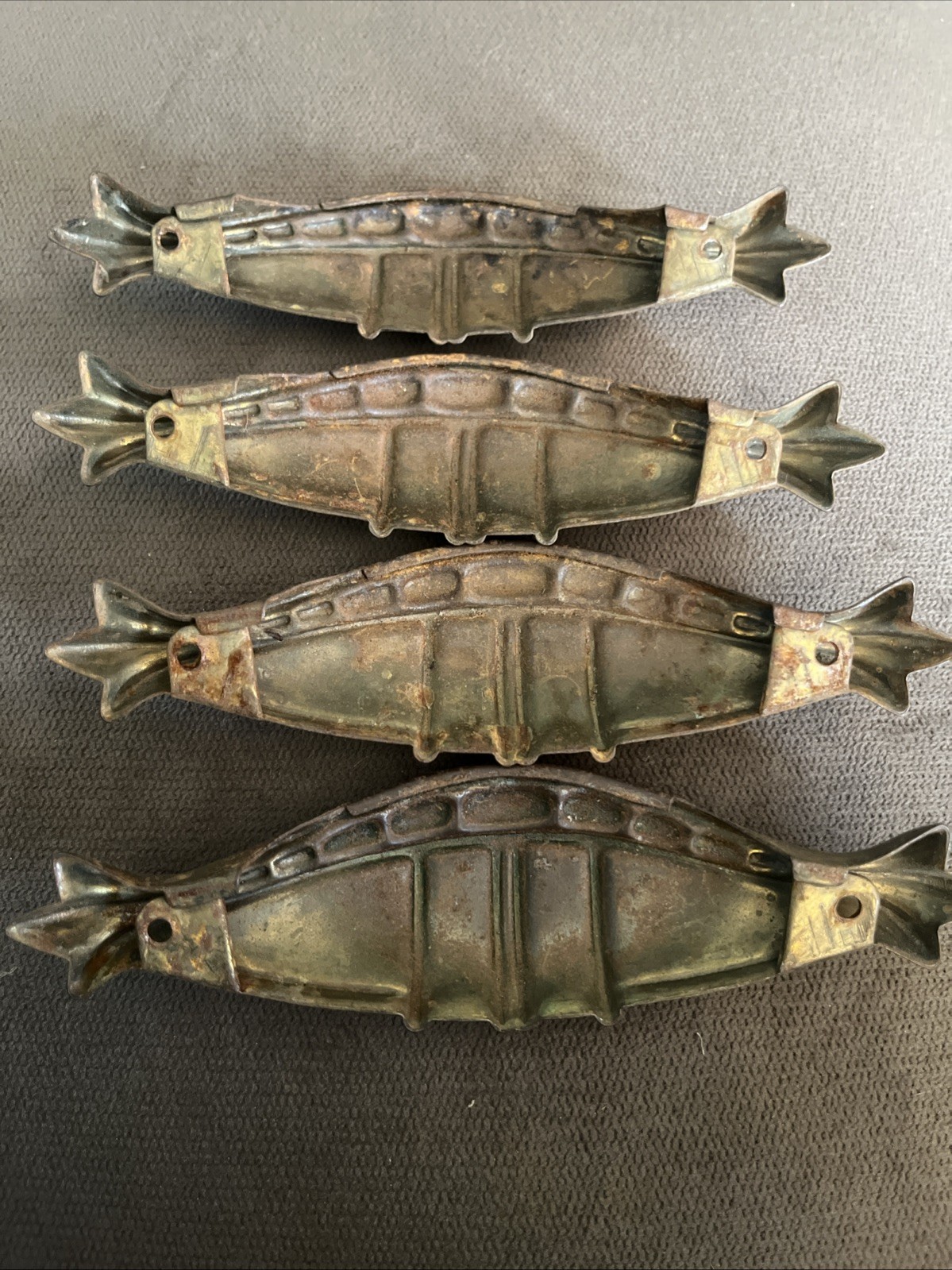 Set of 4 Vintage Art Decò Metal Ornate Drawer Pulls 6” Long Nice Patina