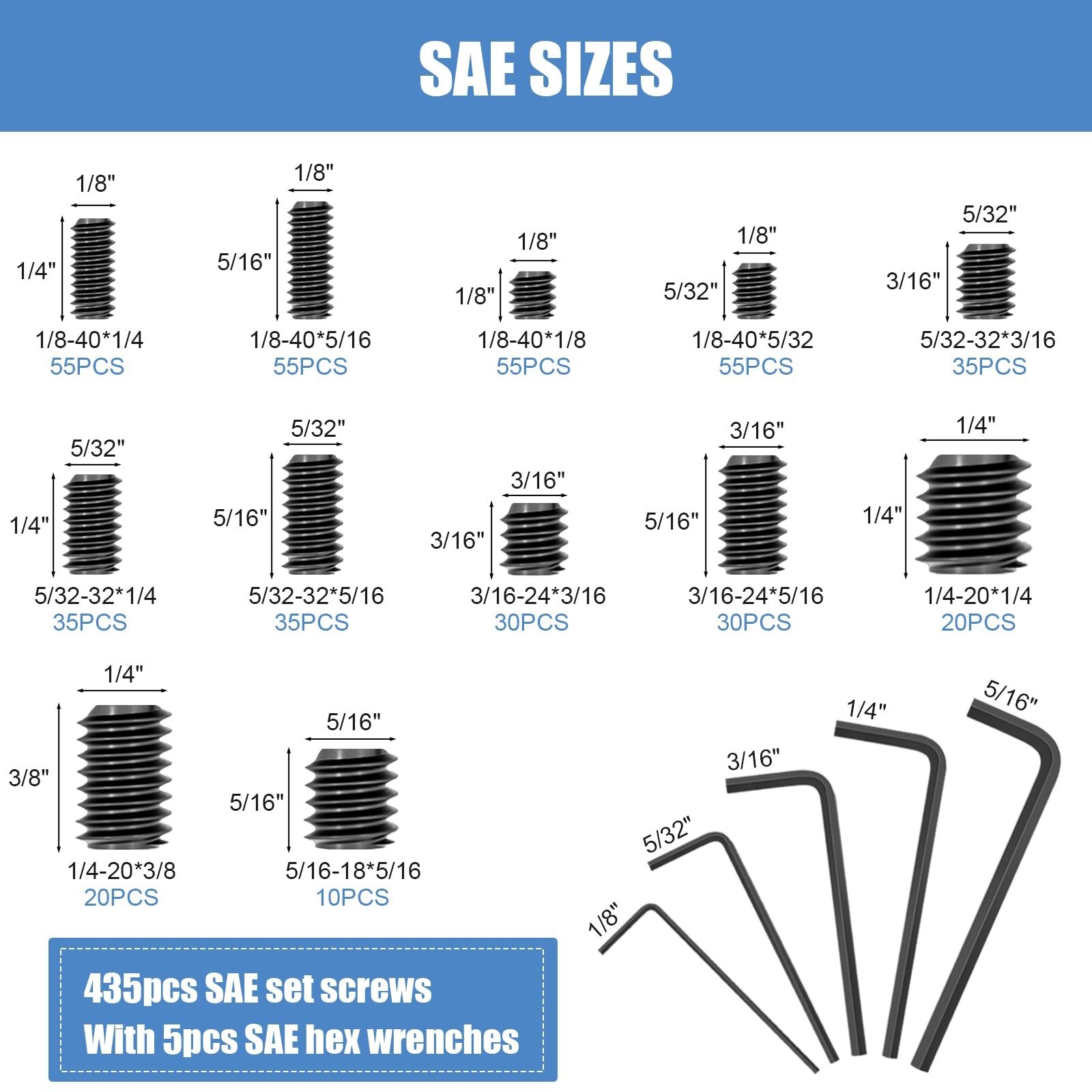 1145PCS 25 Sizes Metric & SAE Set Screw Assortment Kit,12.9 Class Alloy Steel...