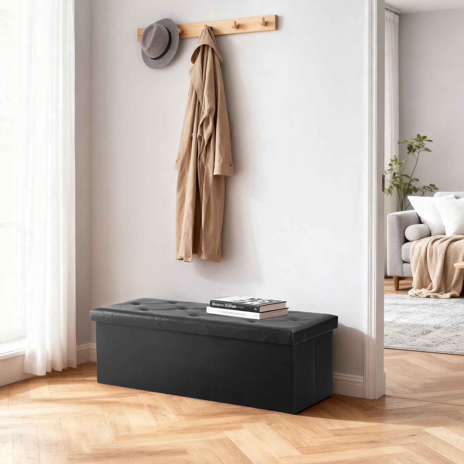 43 Inches Foldable Storage Ottoman Bench, Foot Rest Stool, Synthetic Leather ...