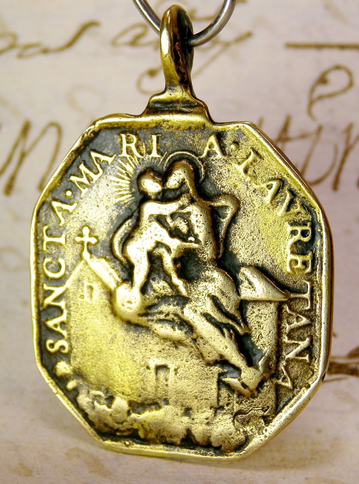 ANTIQUE 17TH CENTURY ST. MICHAEL MOTHER MARY BABY JESUS LORETO PILGRIMAGE MEDAL