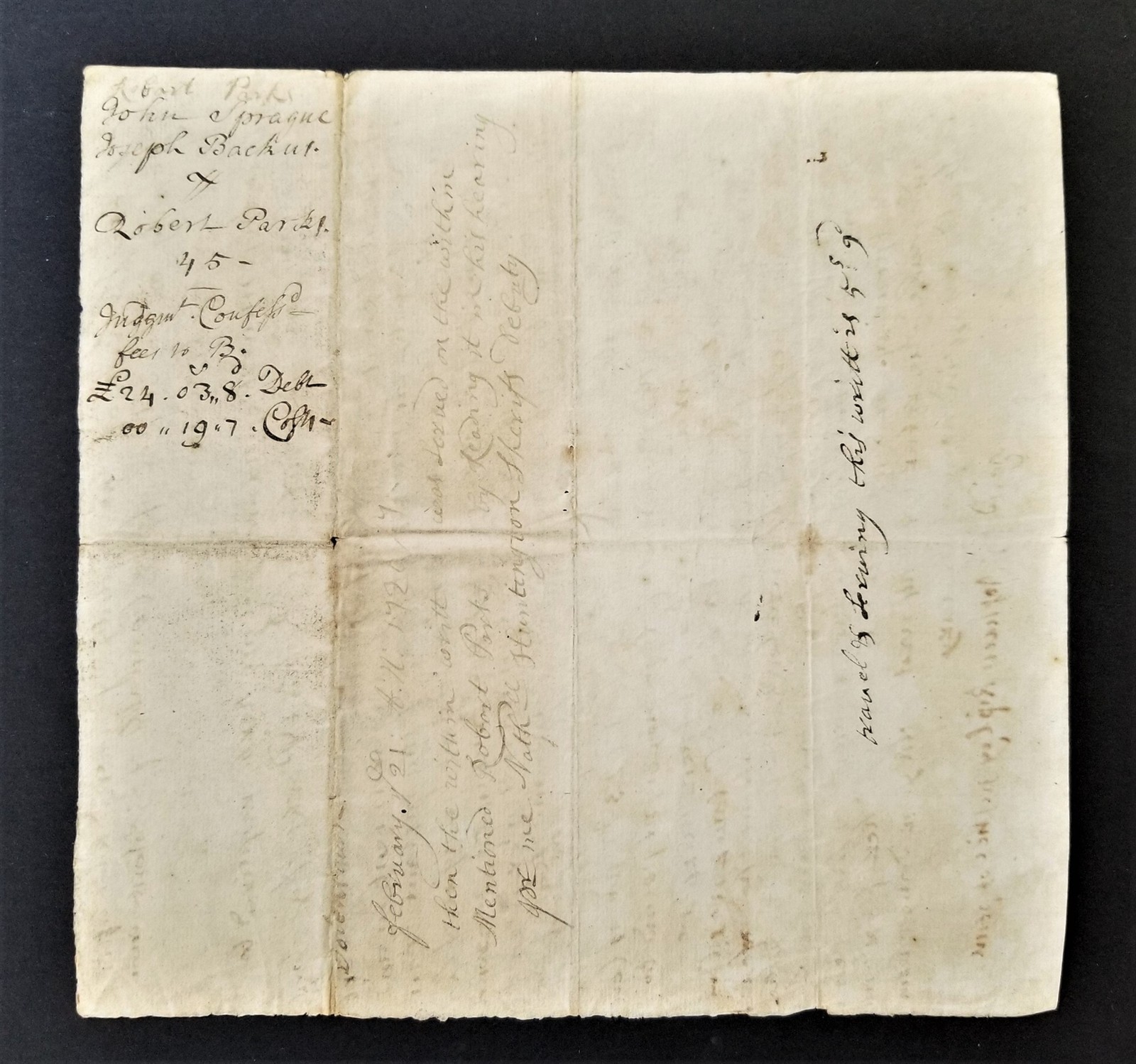 1726 antique COLONIAL LEGAL DOCUMENT voluntown ct ROB PARKS SPRAGUE and BACKUS