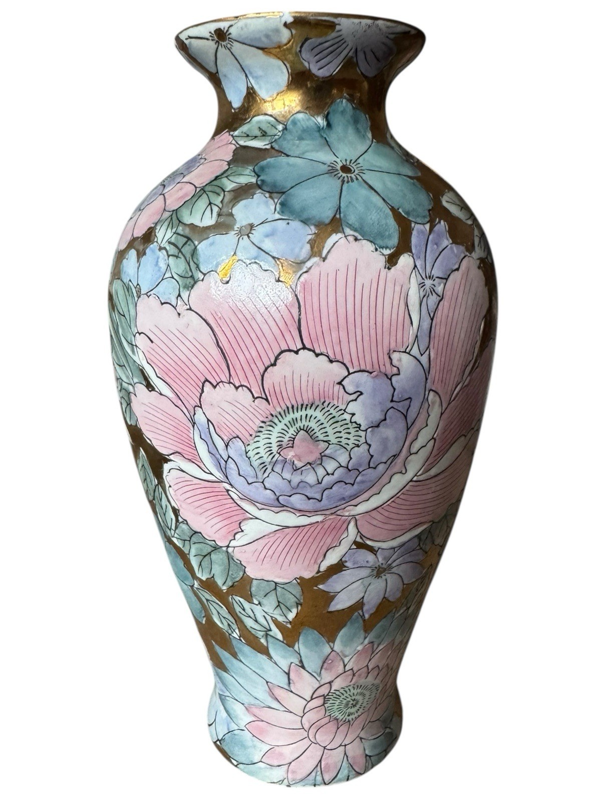 Vintage 8” Vase Chinoiserie Golden Peony Pastel Pink Purple Blue Toyo Macau 1970