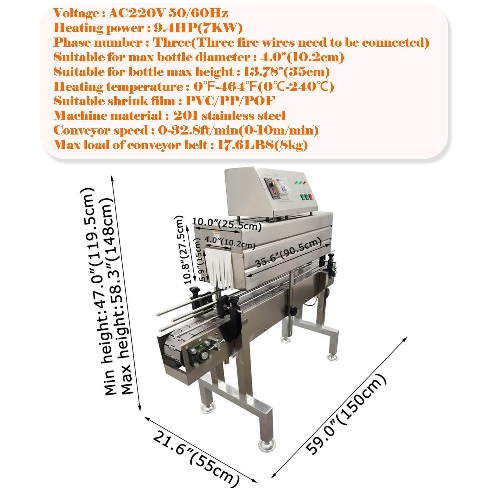 220V 7KW Fully Auto Bottle Mouth Label Thermal Heat Shrink Machine 3PH