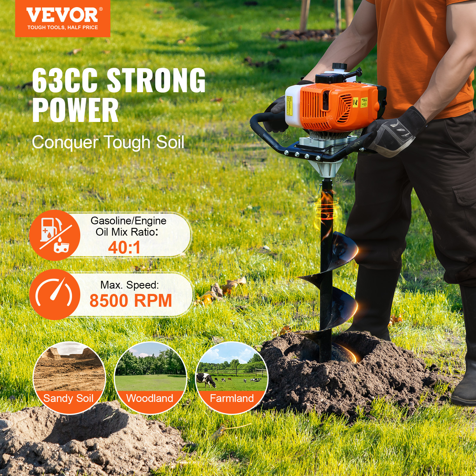 VEVOR 63CC 2400W Gas Post Hole Digger with 8-Inch Drill Bits