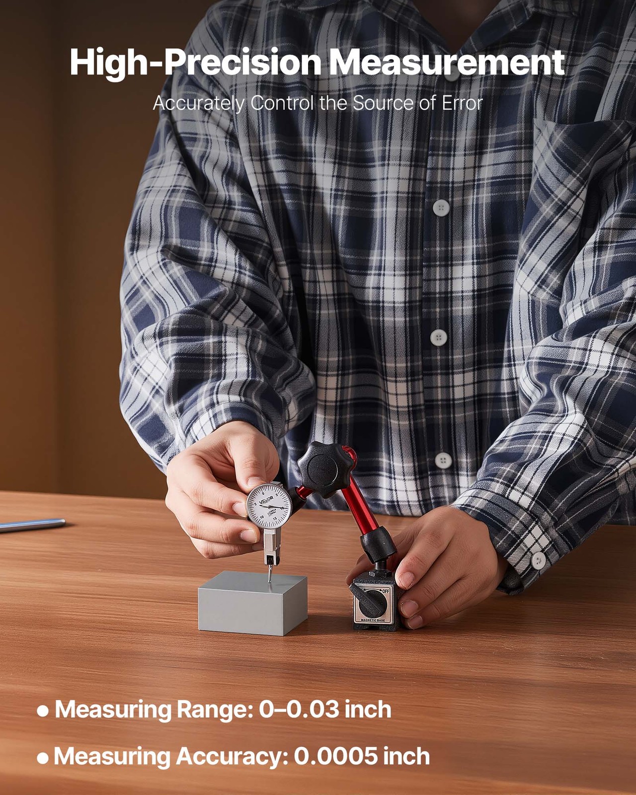 VEVOR Dial Test Indicator Universal Magnetic Base 0.0005 Accuracy 0-0.03 Range