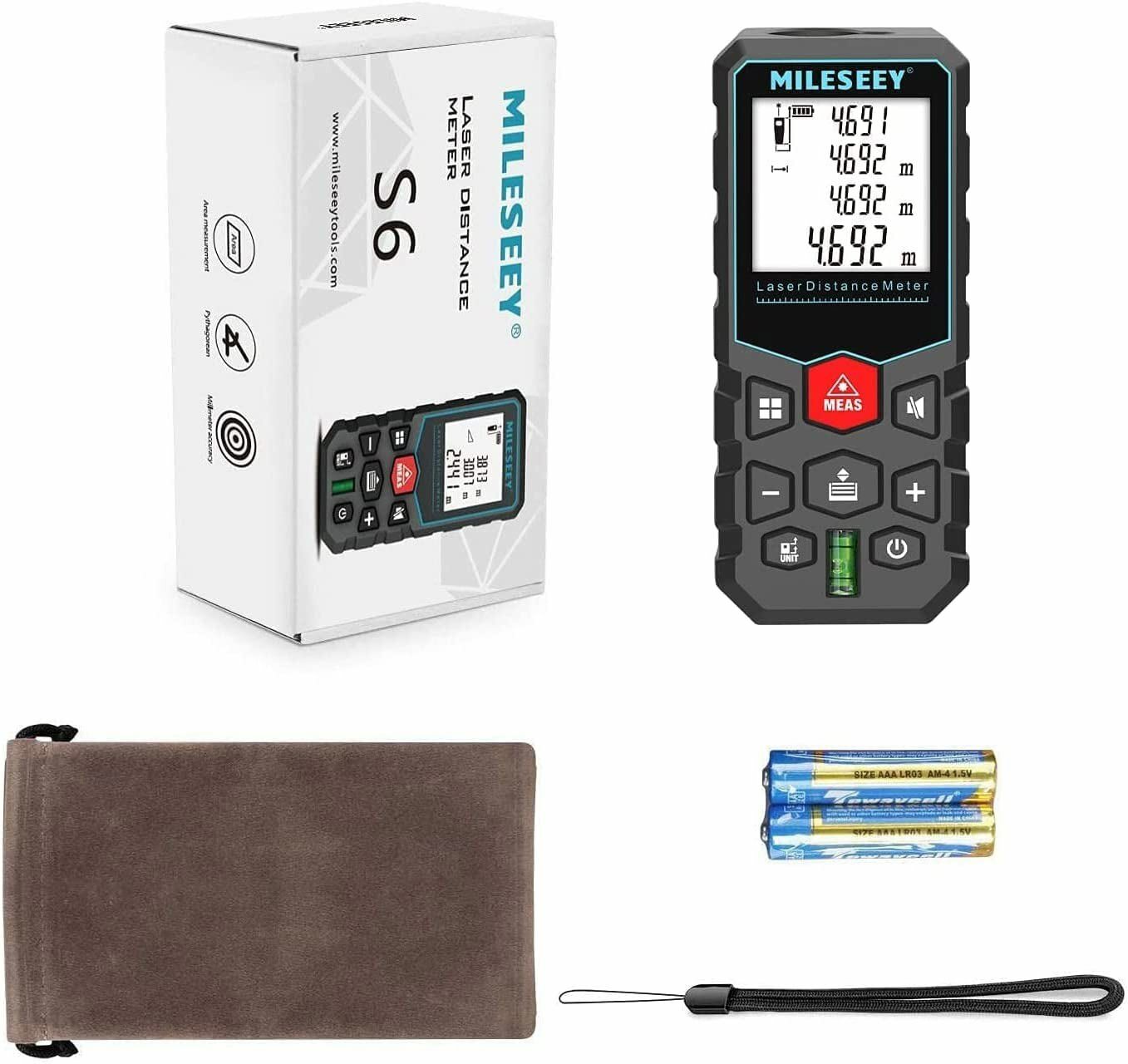 Mileseey 328 Ft Laser Distance Measure with Bubble Level M/in/Ft 2 AAA Batteries