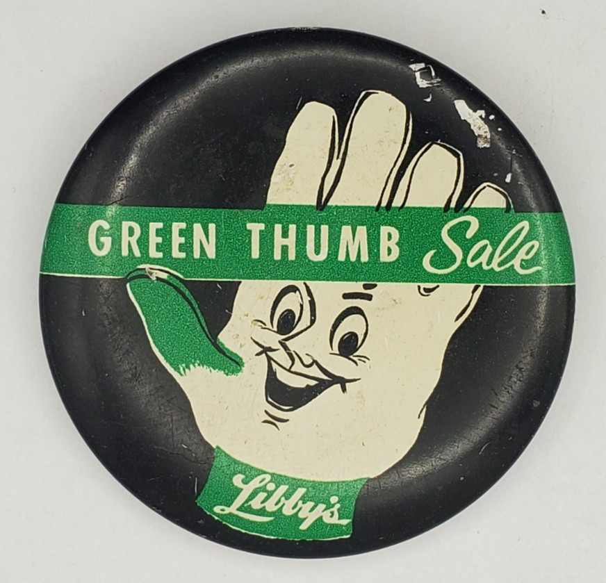 Vintage 1960s Libbys Green Thumb Sale Litho Pinback Button by Green Duck Chicago