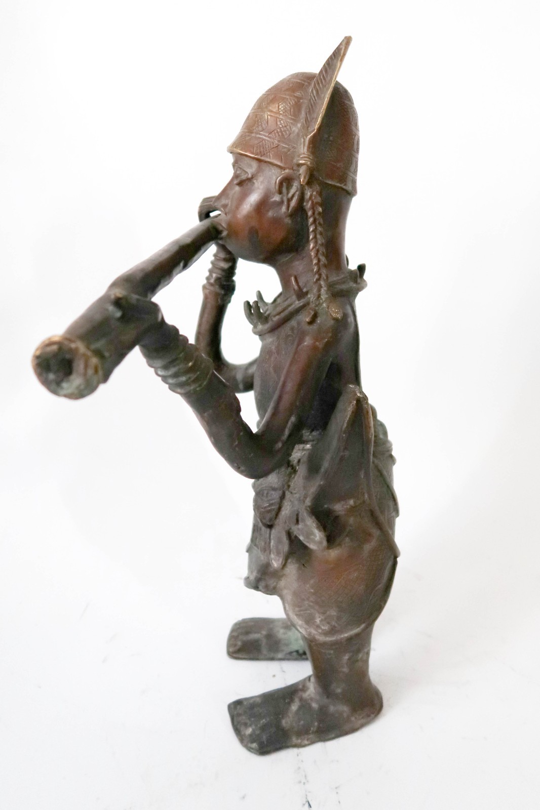 Large 20" BENIN Bronze Flute Player Sculpture Edo Nigeria Art King Oba Messenger