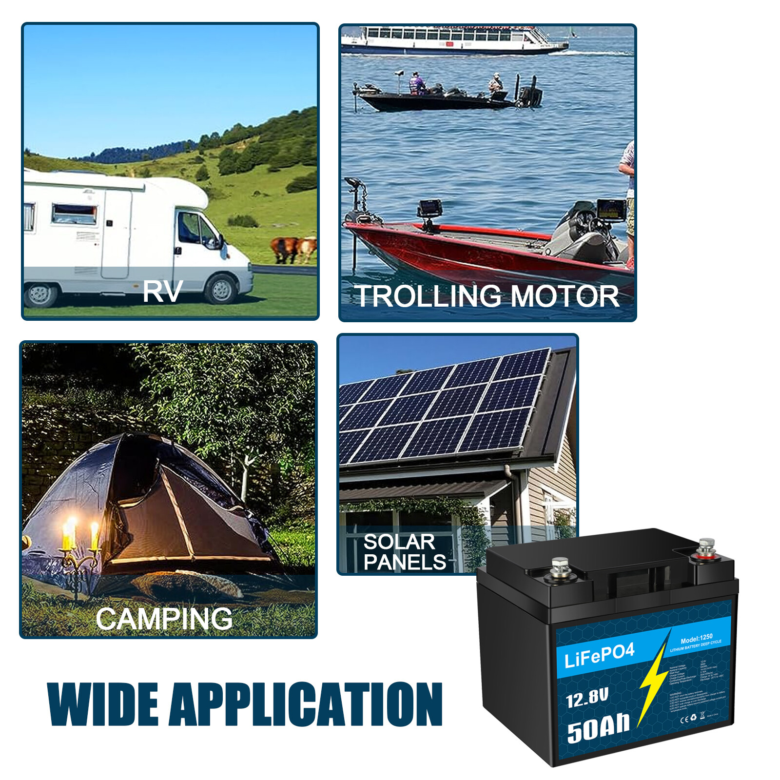 12V 50Ah LiFePO4 Lithium Battery with Charger, Smart BMS, for RV, Marine Lot
