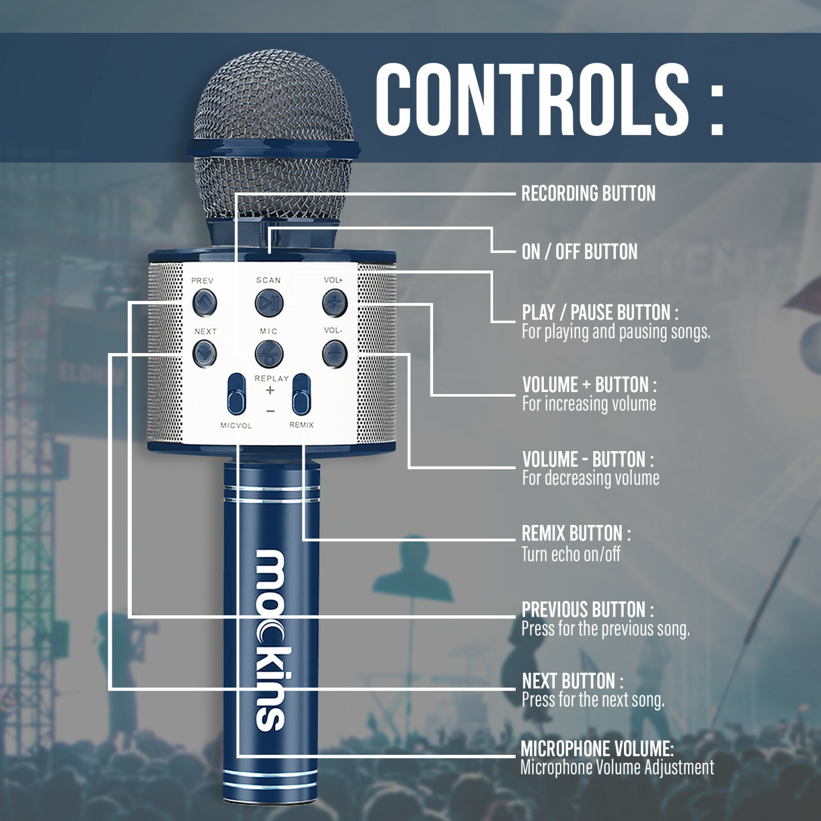 Mockins Wireless Bluetooth Karaoke Microphone, Navy, Holiday Gift kids