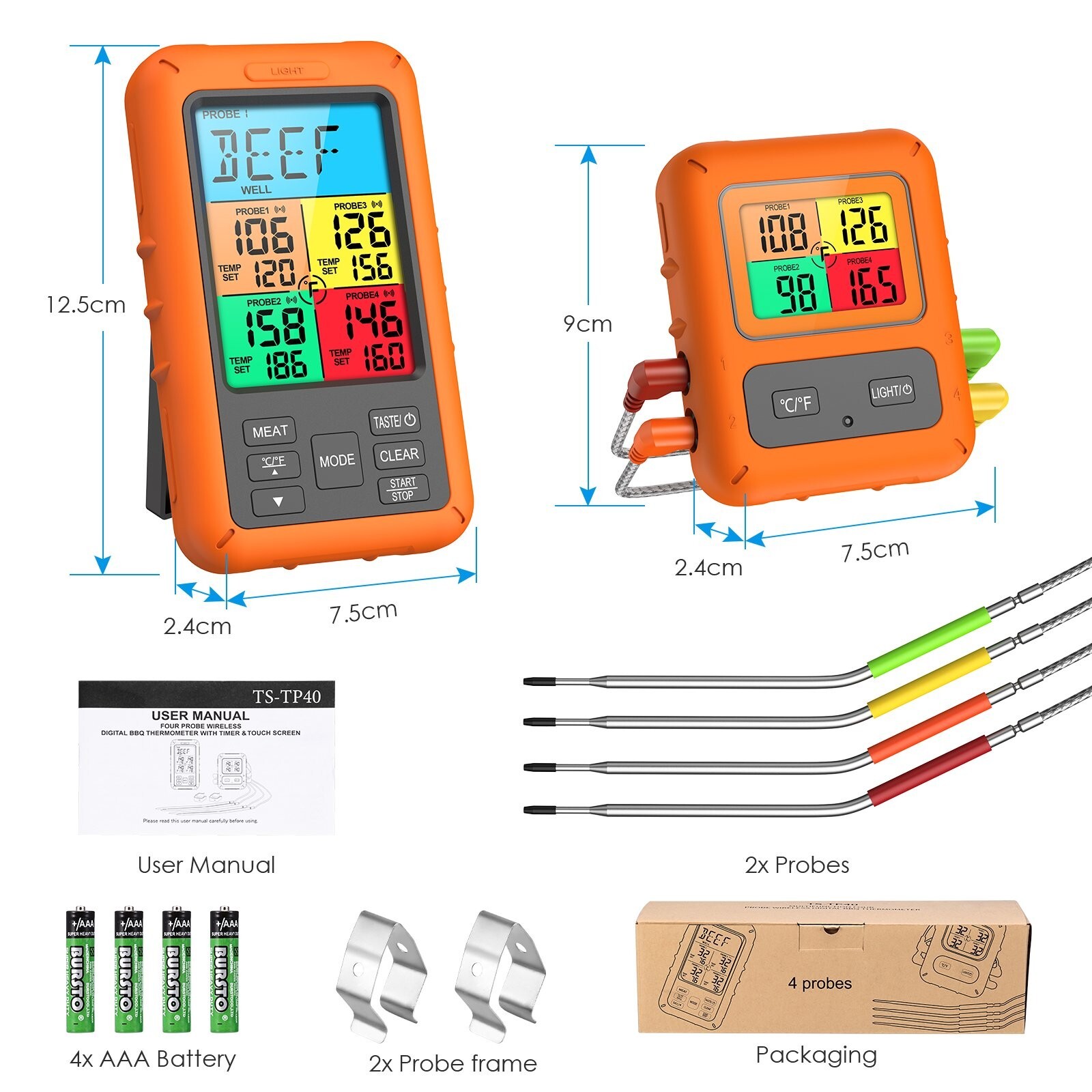 Smart Wireless Meat Thermometer w/ 4 Probes for BBQ Grilling Baking Barbecue