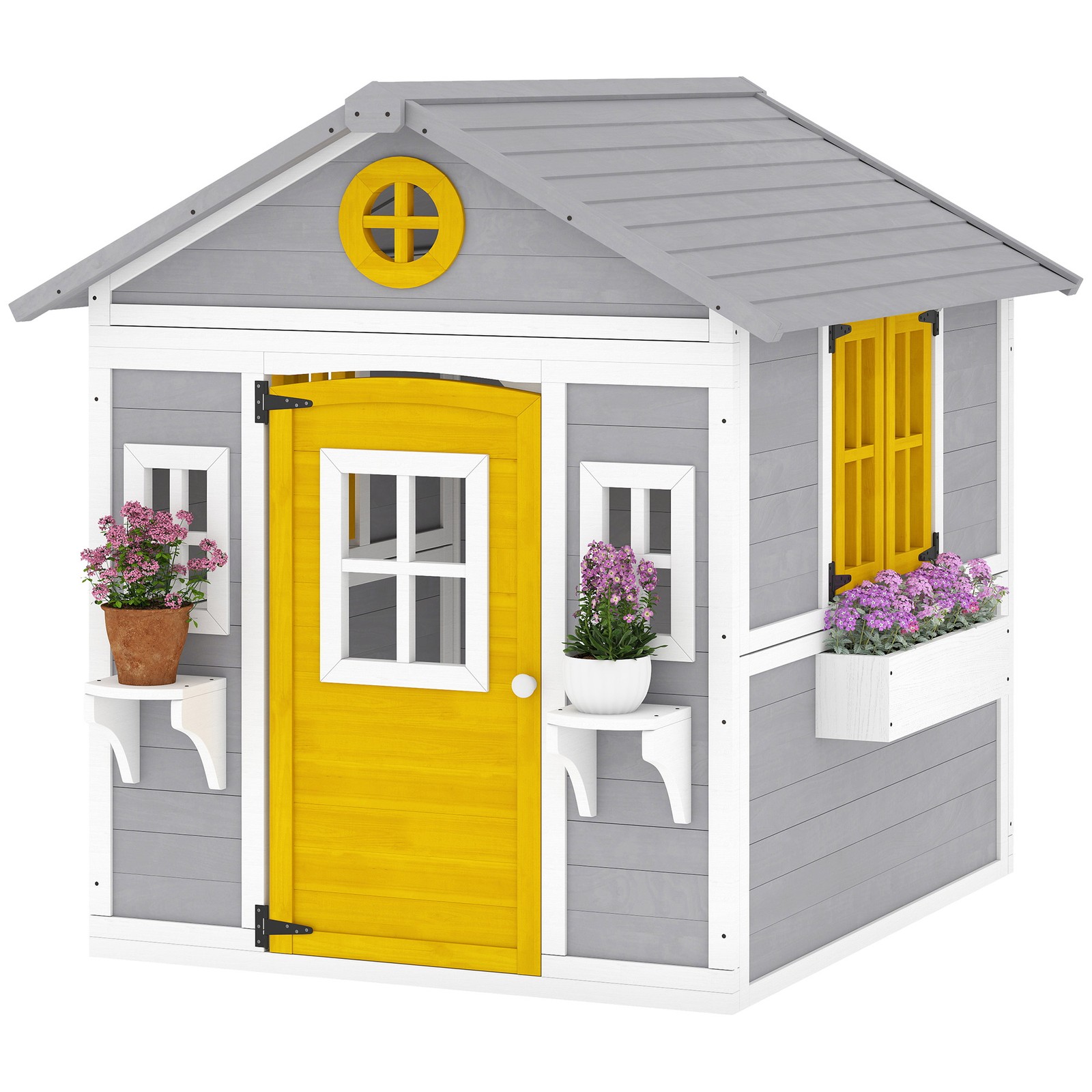 Outsunny Playhouse for Kids with Doors, Windows, Planter Pots and Boxes