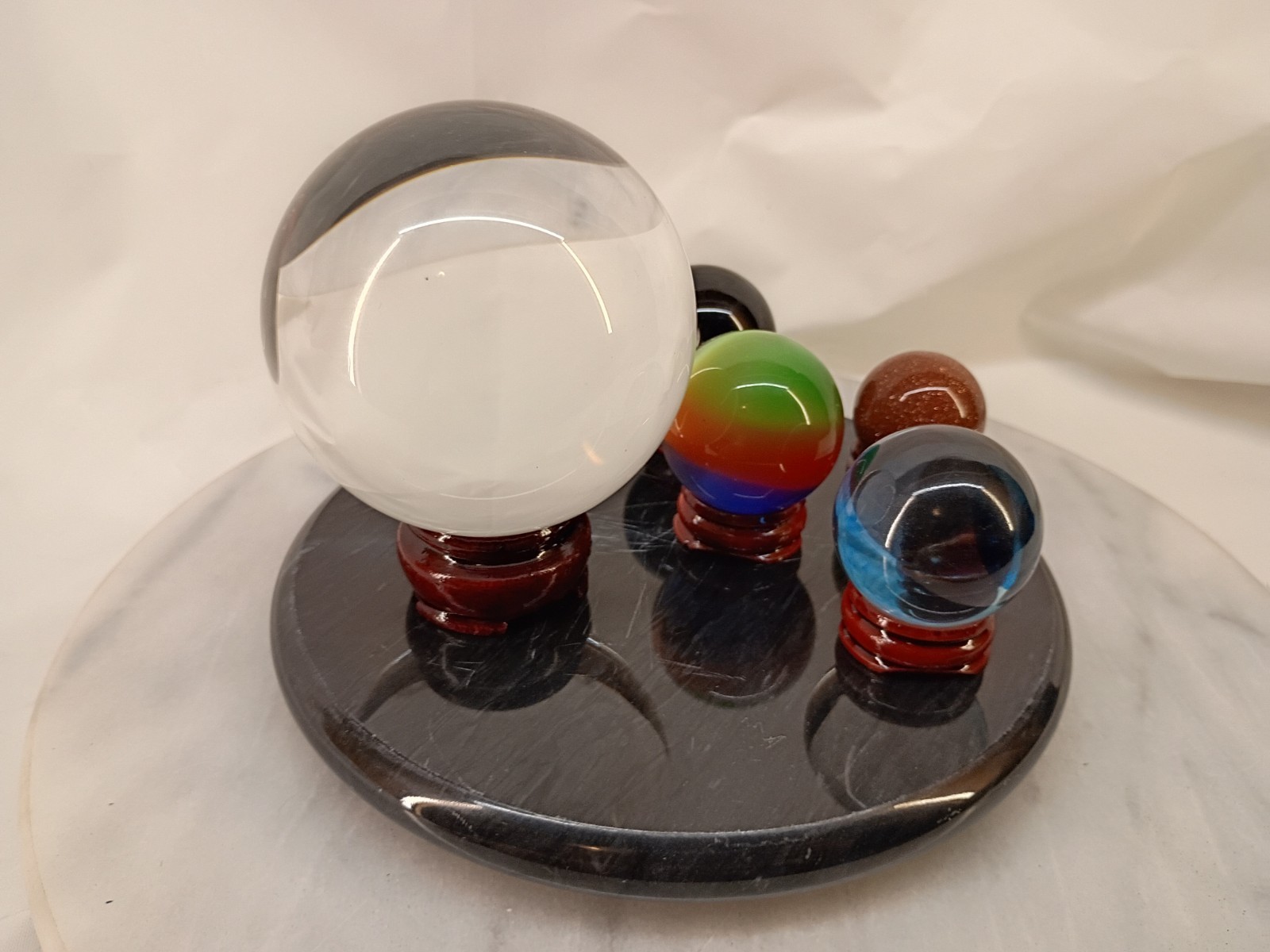 Lot Of 5 Glass Orbs Marbles With Stands And Marble Base Meditation Healing