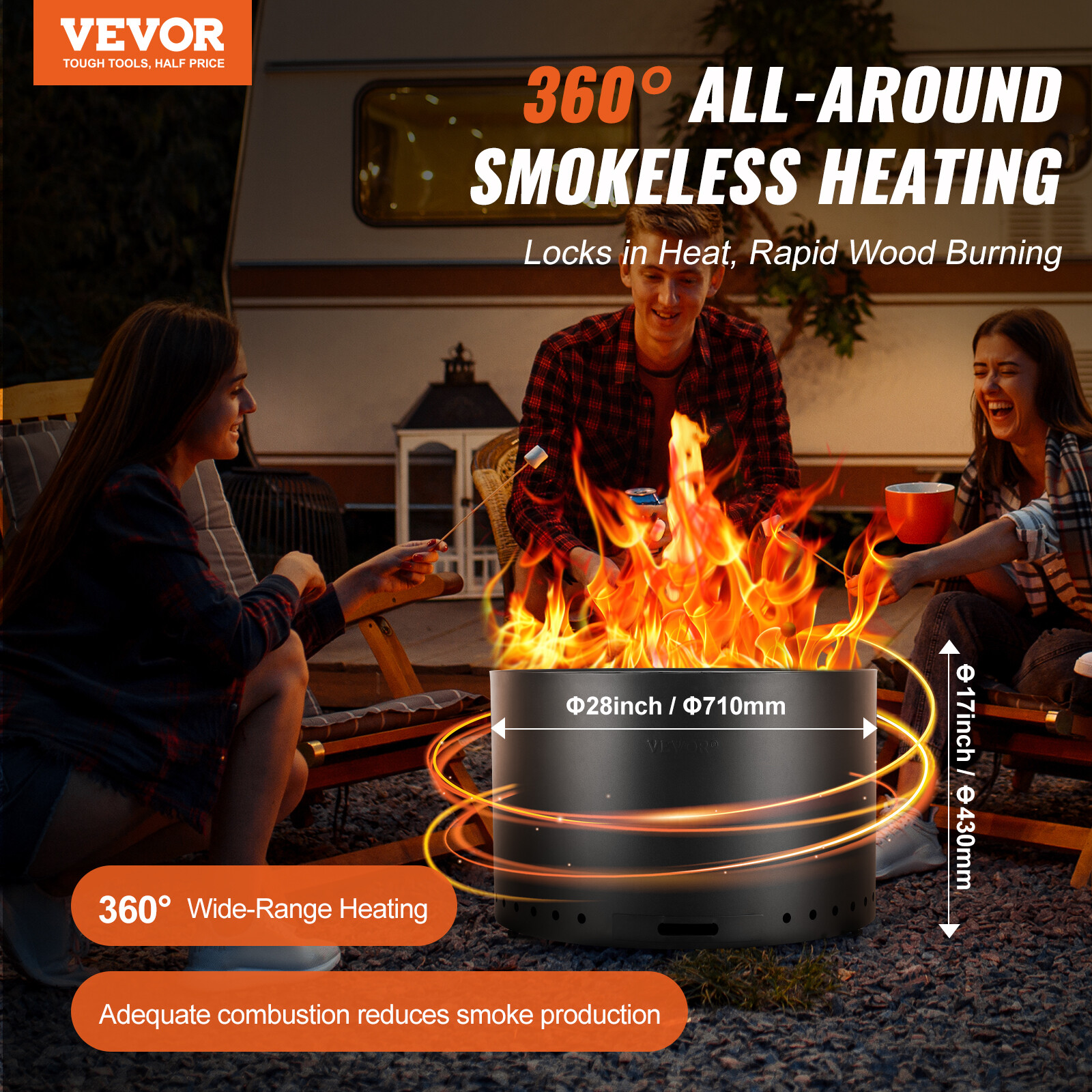 VEVOR 28" Dia Smokeless Fire Pit Stove Bonfire Wood Burning Stainless Steel