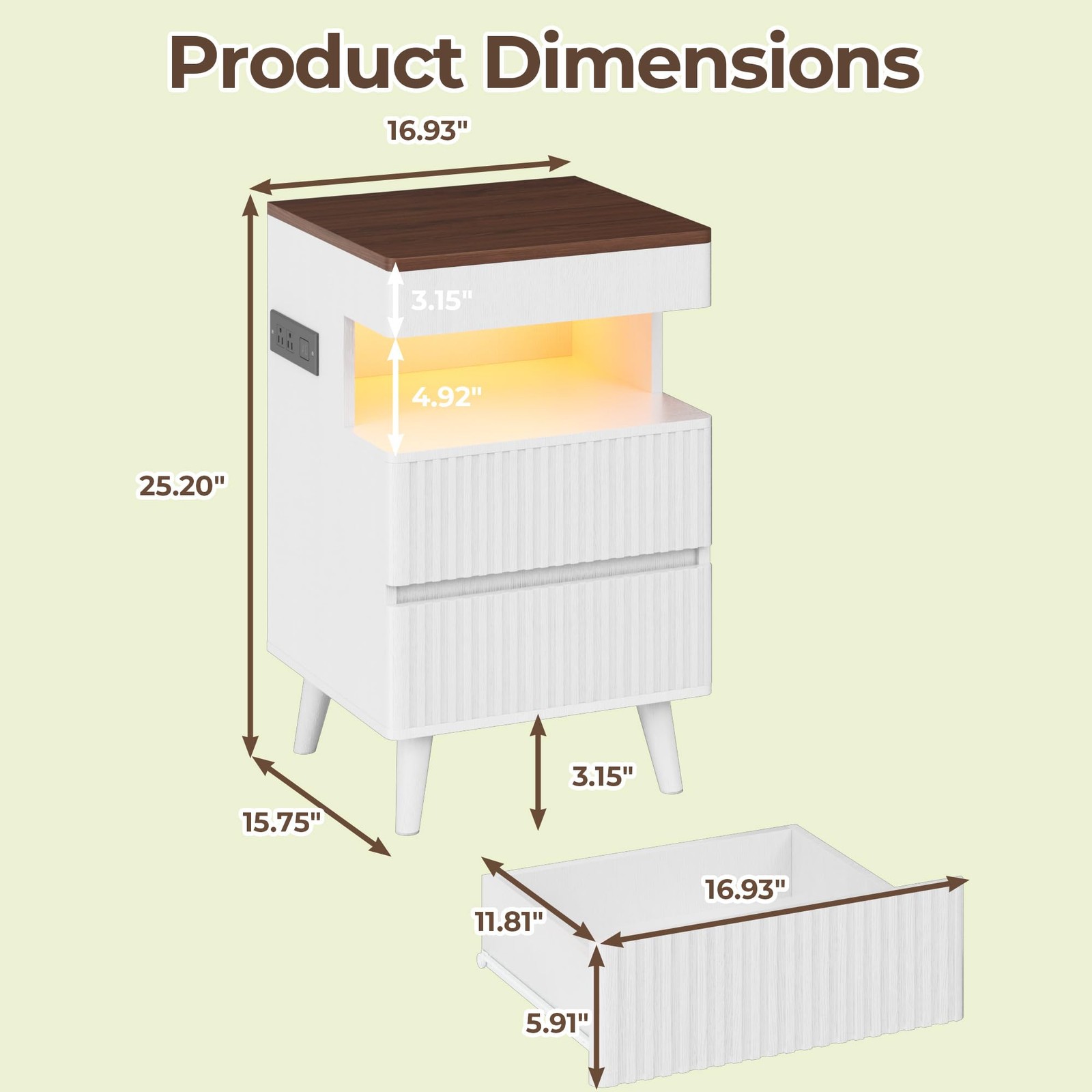 26" Tall Fluted NightStand w/Charging Station & LED Light,with 3 Storage Drawers