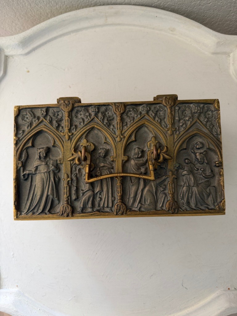 German Gothic Revival Silvered & Gilt Bronze Casket – Medieval Figural Relief –