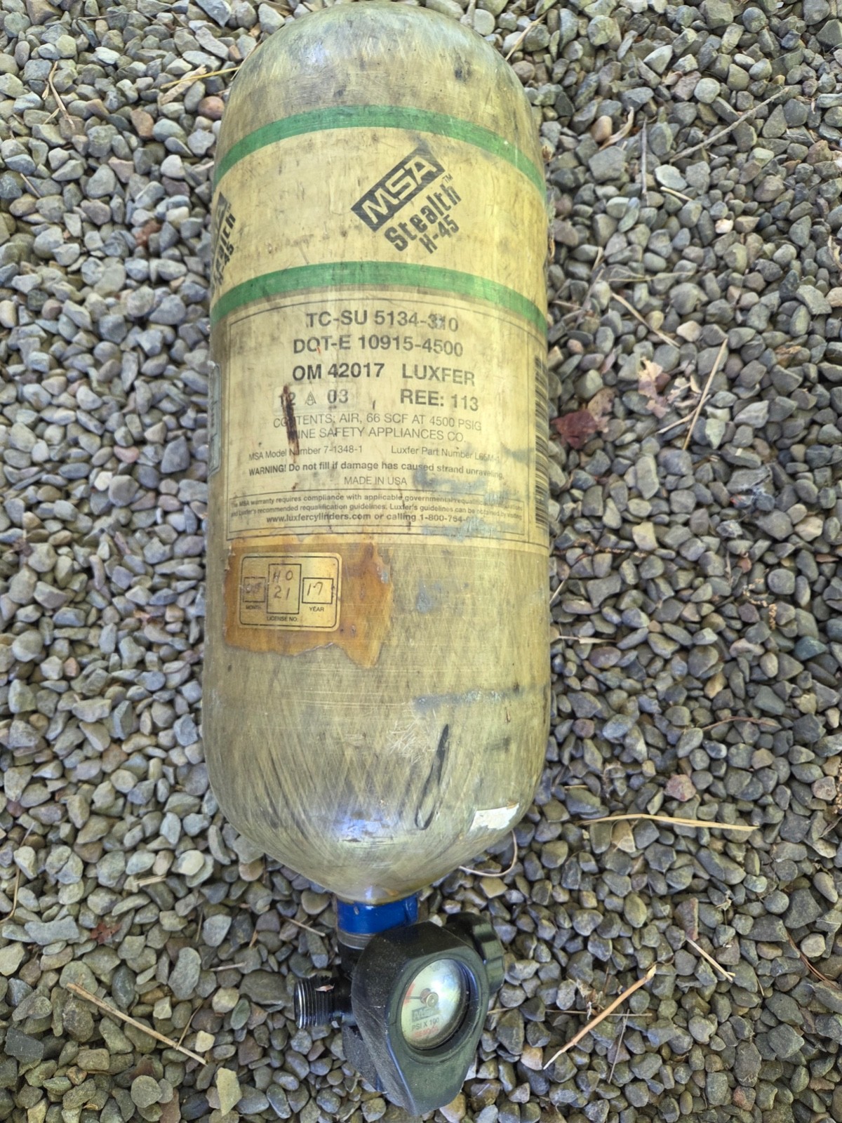 MSA 30 min 4500 psi Carbon Cylindar Air Tank VALVE & Gauge Paintball