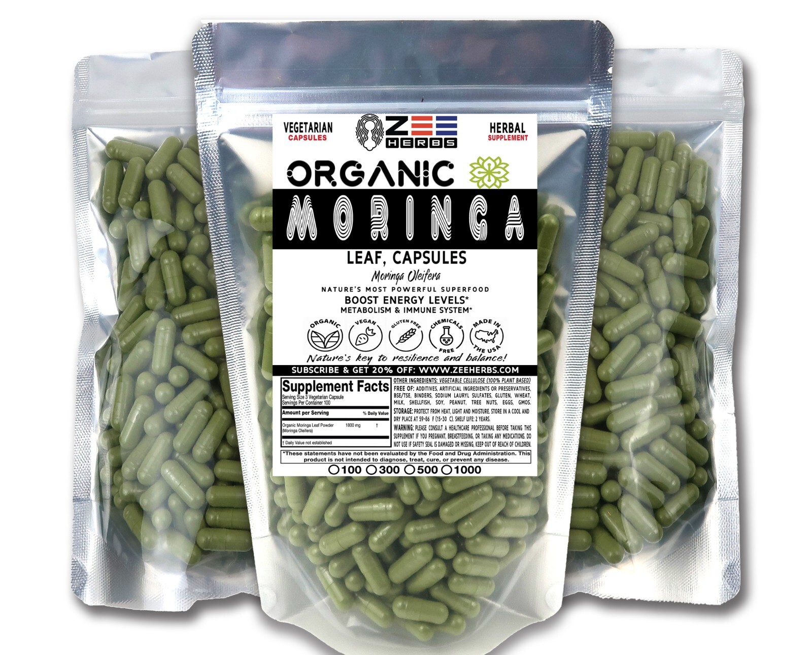 Organic Moringa Capsules - 1800mg Per Serving of Natural Pure Moringa Leaf