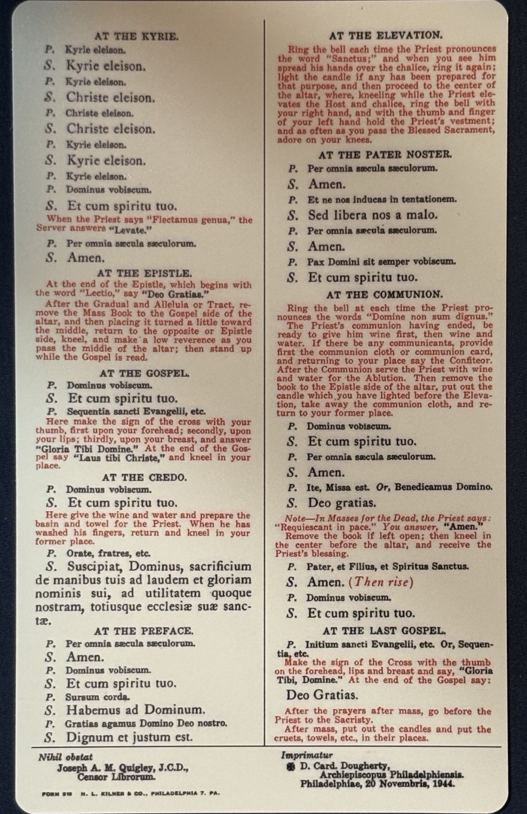 Tridentine Latin Mass Altar Server Response Card Missale Prayers 1944