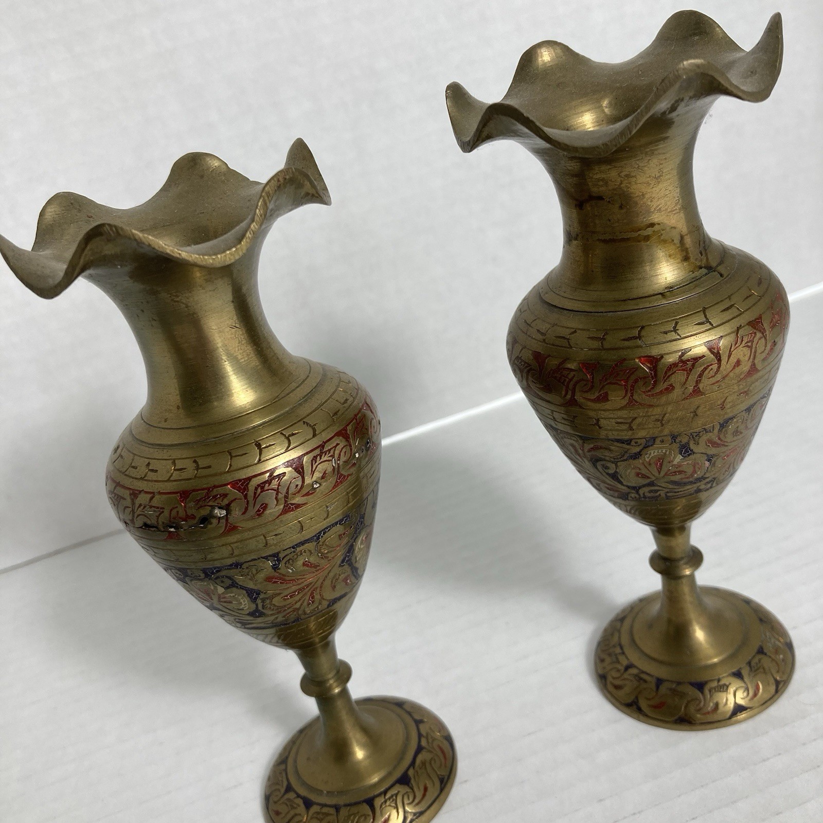 VTG Brass Etched Enameled Vases British India Scalloped Edge 6 In Art Deco MCM