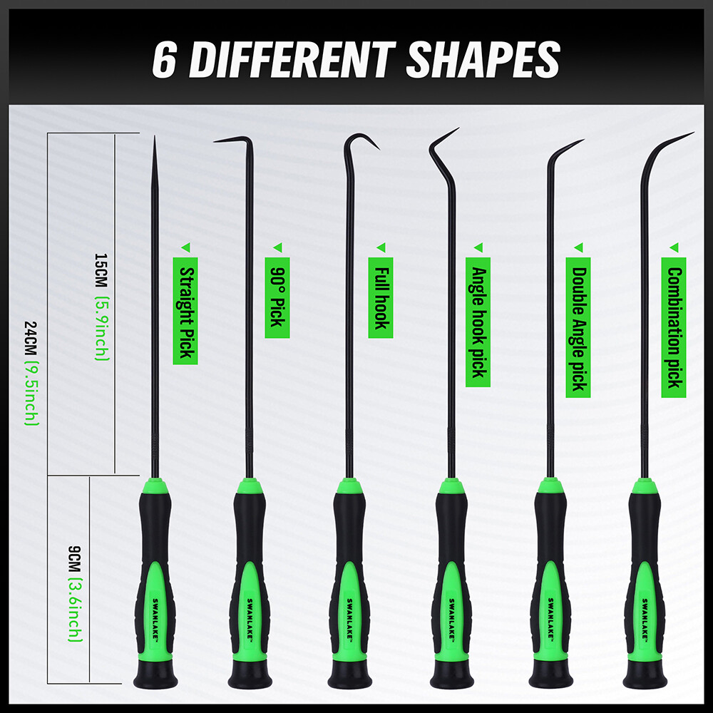 6pc Pick & Hook Set Extra Long O-Ring Seal Remover 9" Soft Grip Assorted Shapes