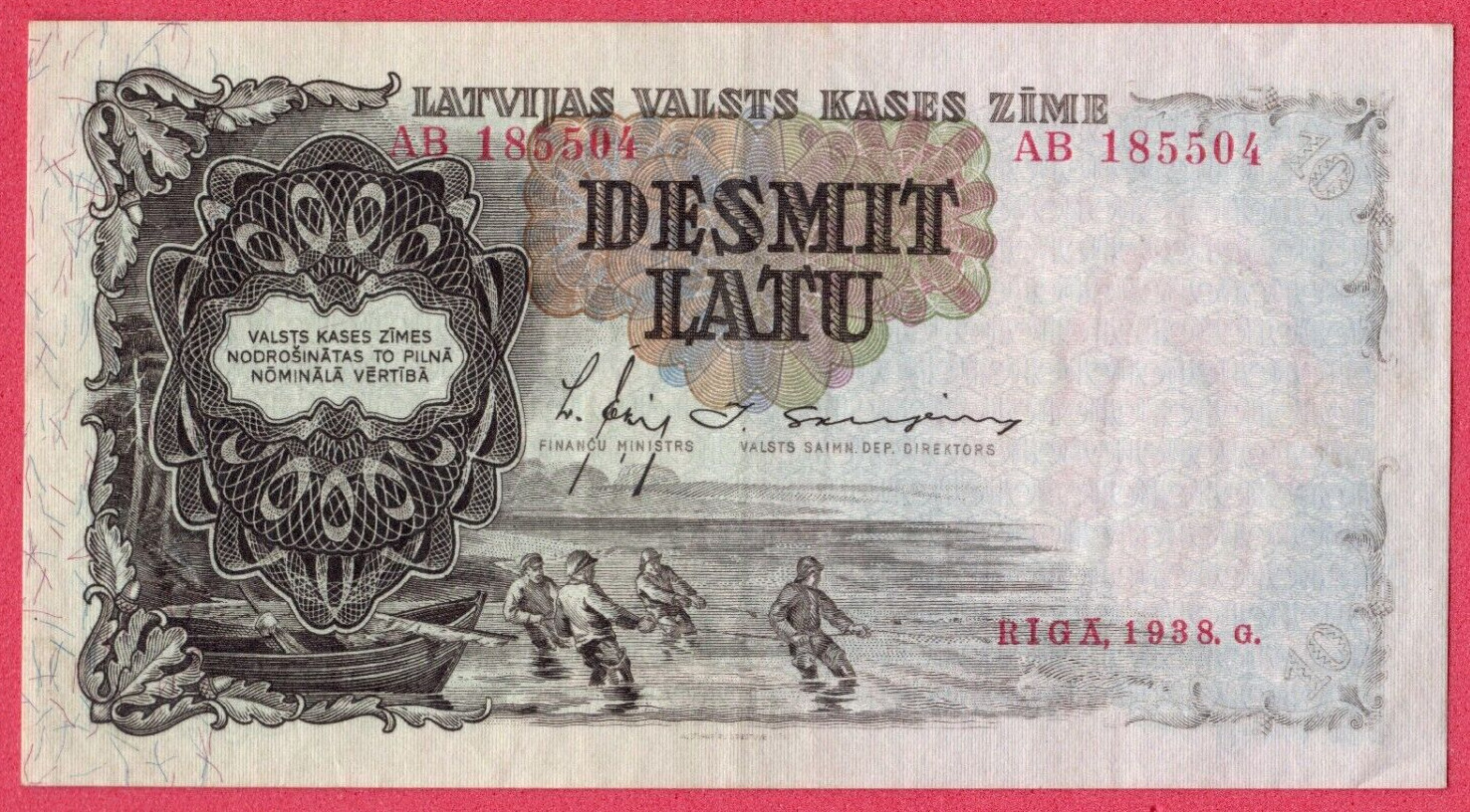 LATVIA LETTLAND 10 latu P.29b 1938 XF FISHERMEN 5656