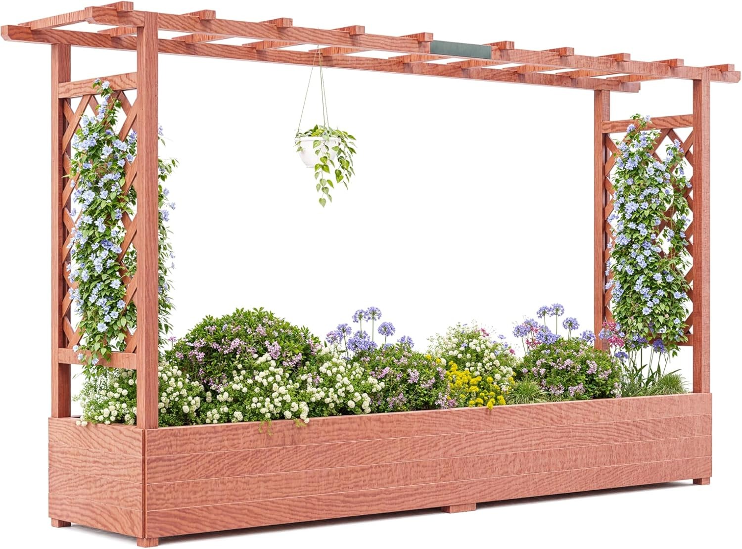 Wood Raised Garden Bed with Trellis and Roof Planter Box for Patio Yard Garden