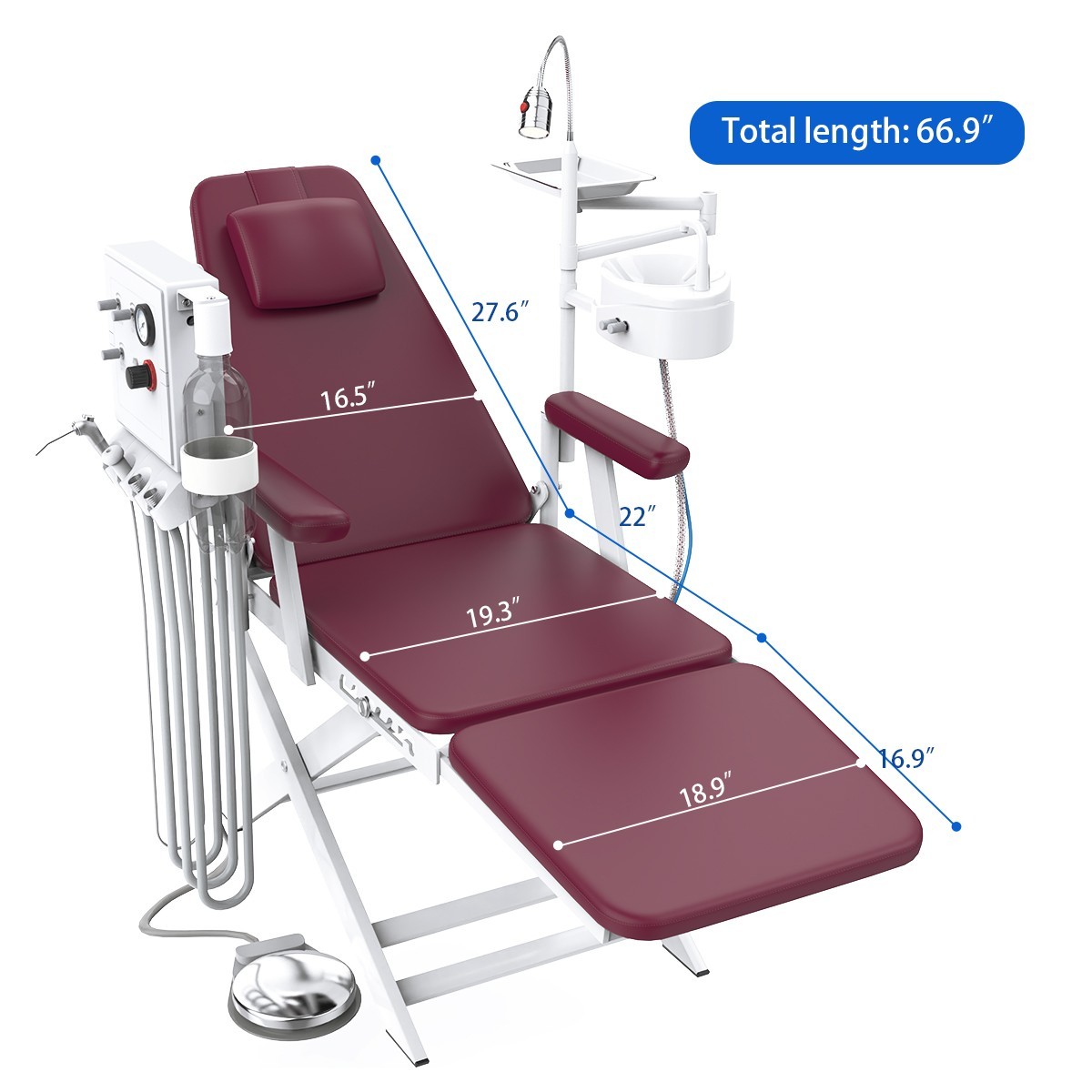 Sillón Dental Portátil Plegable con Unidad de Turbina Luz LED 4 Hole Wine Red