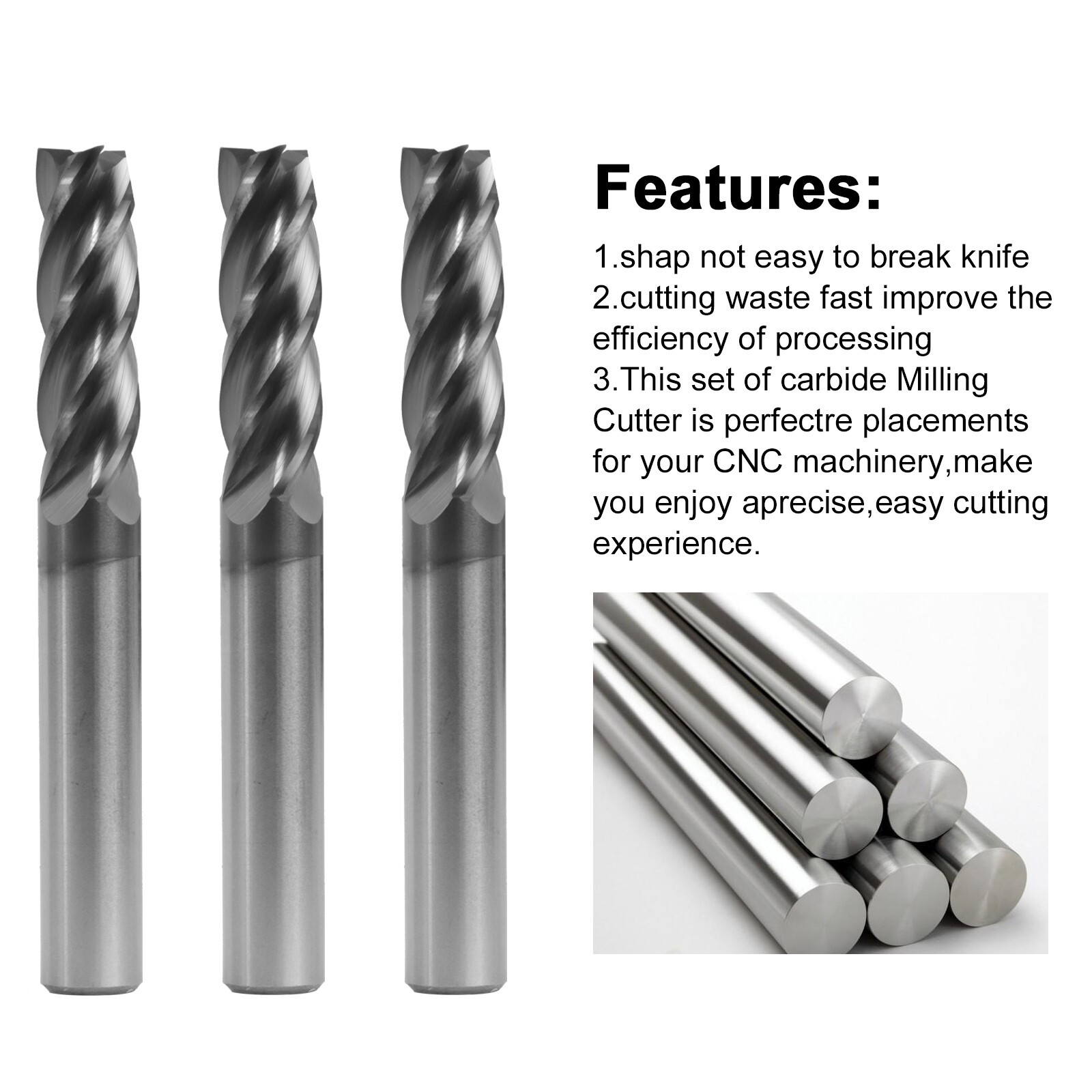 5PCS 4 Flute 3/8" x 1-1/4" x 3" Long Solid Carbide End Mill - AlTiN Coated