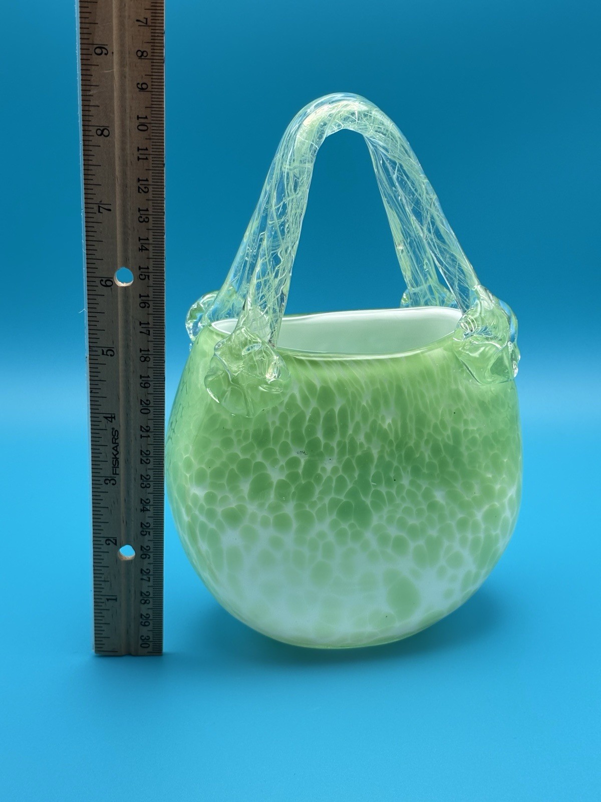 Vintage Hand Blown Art Glass Basket Green Controlled Bubble Murano Style Vase