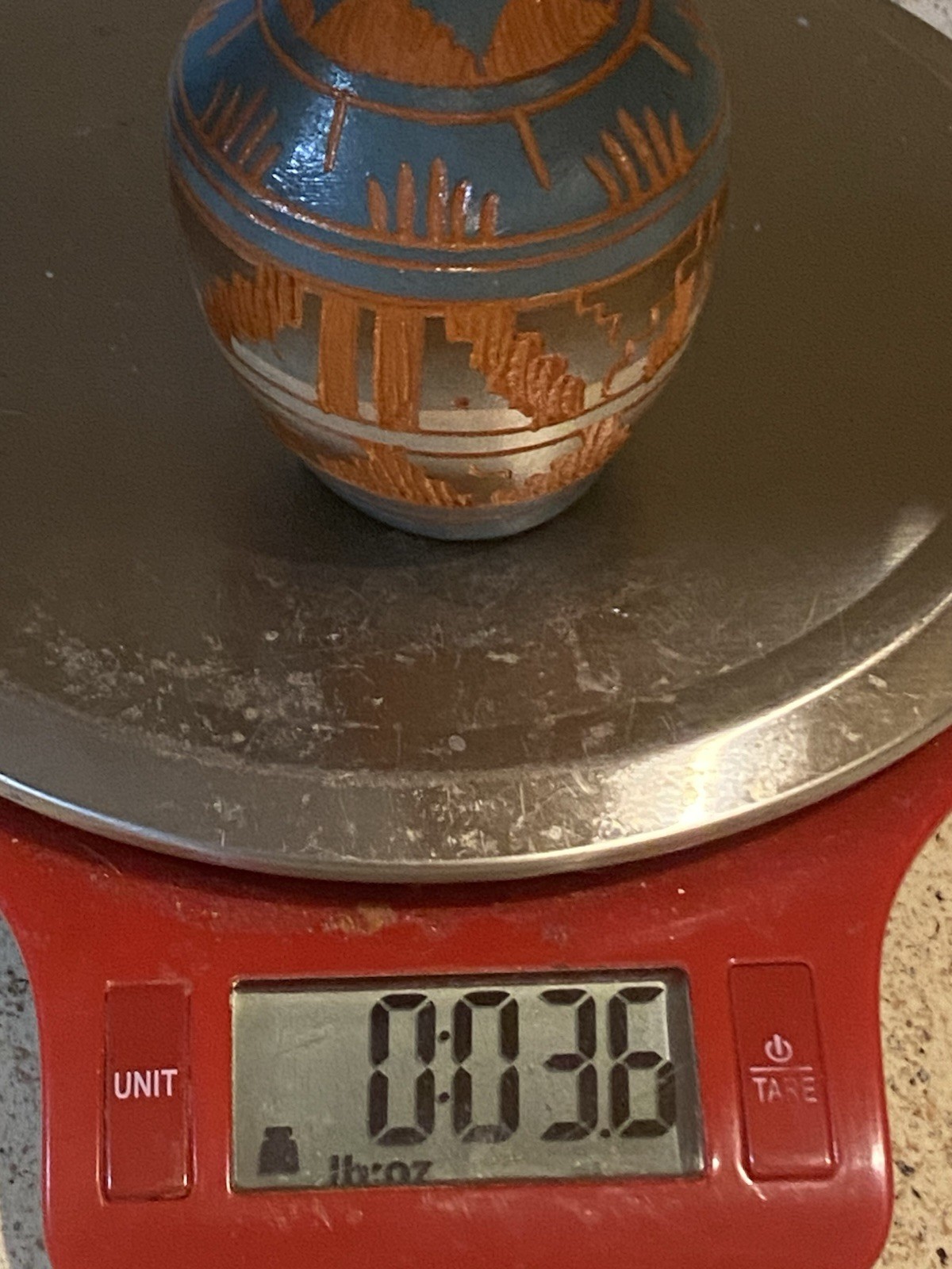 Signed Navajo Miniature Red Clay With Blue Overlay Etched Pottery Vase 4”