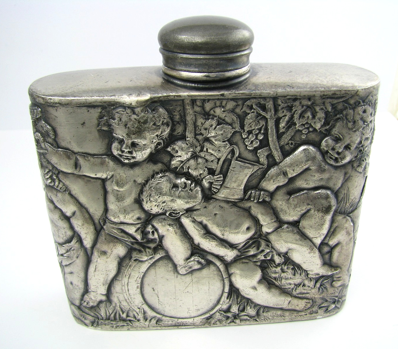 ANTIQUE SILVER PLATED FLASK LIQUOR FLASK Tipsy Cherubs Angels 1870s No Mono Rare