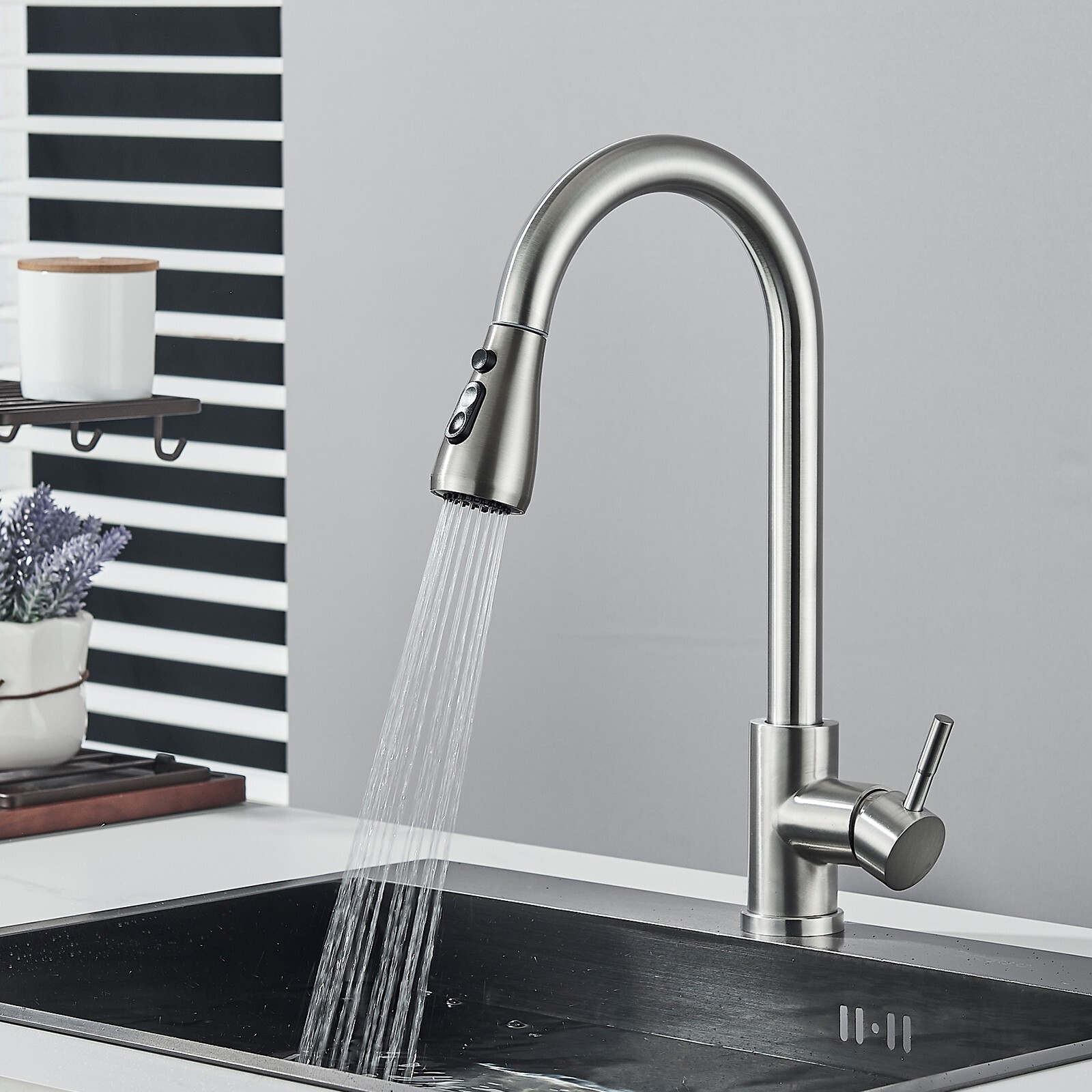 Brushed Nickel Kitchen Faucet Sink Mixer Faucet Pull Down Sprayer Single Handle