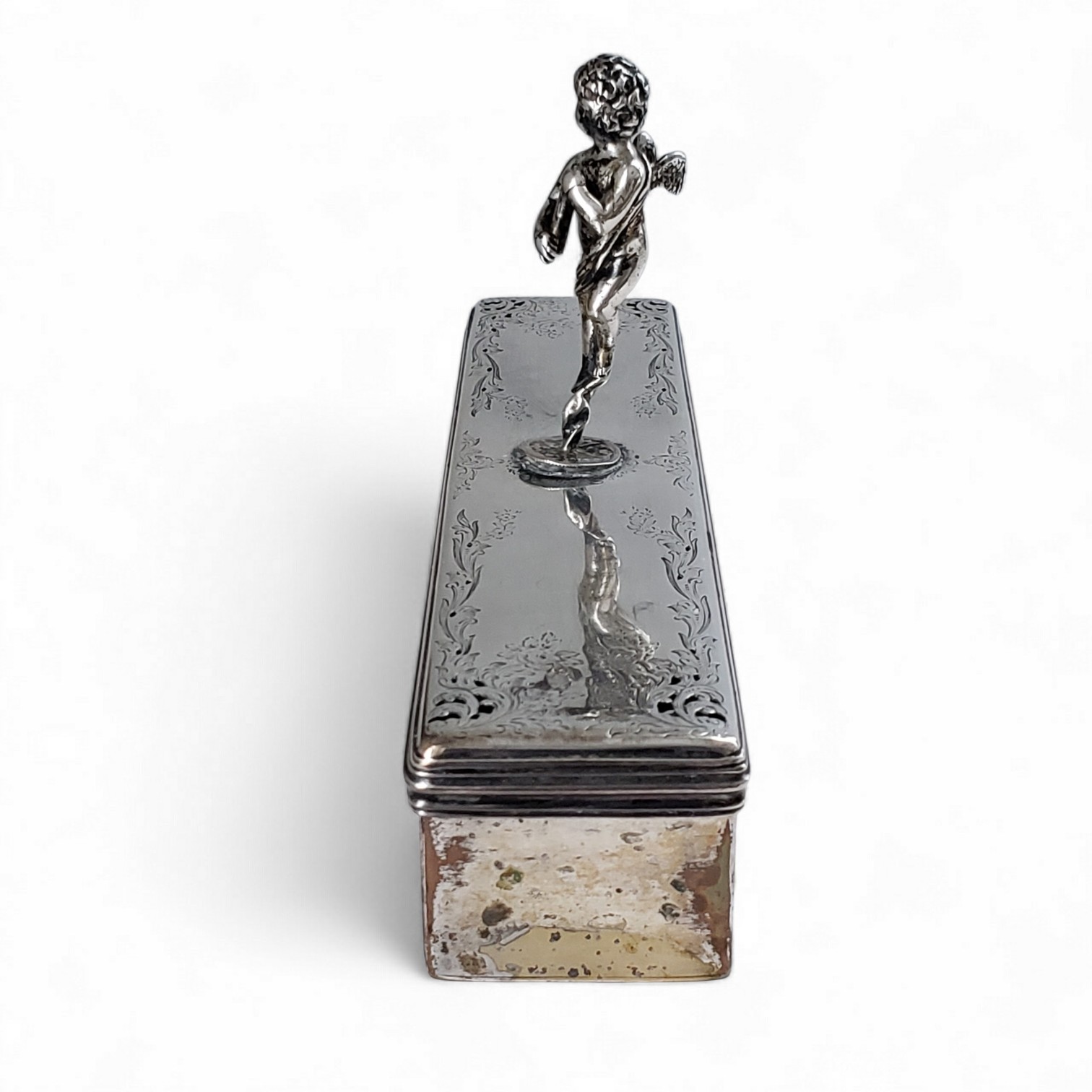 Antique 1840 Thomas Dicks Sterling Lid Cherub Handle Silver Plate Box London