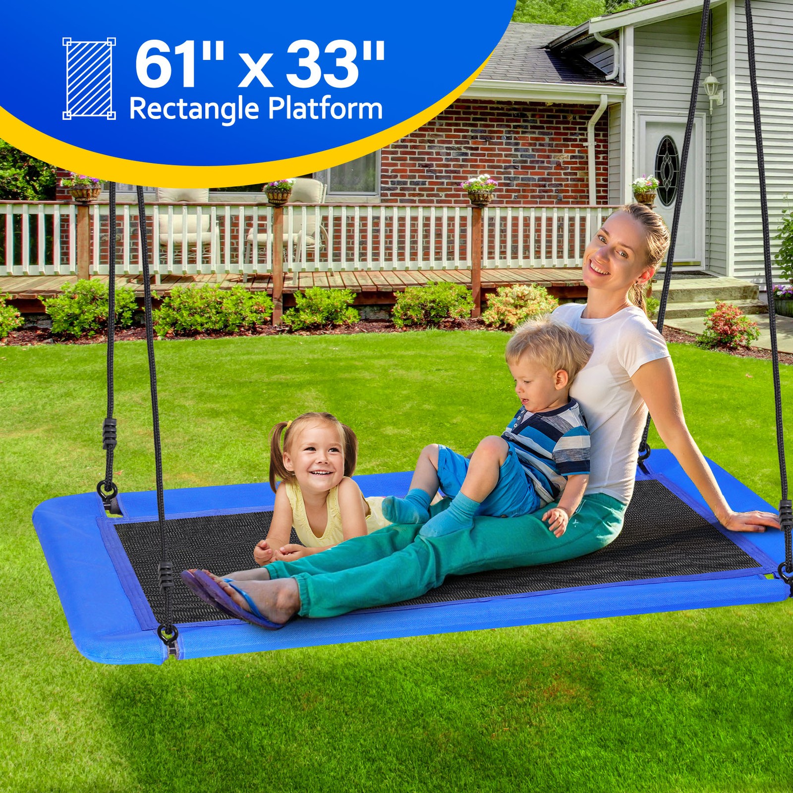 60" Rectangle Platform Tree Swing for Kids and Adults with 2 Hanging Straps Blue