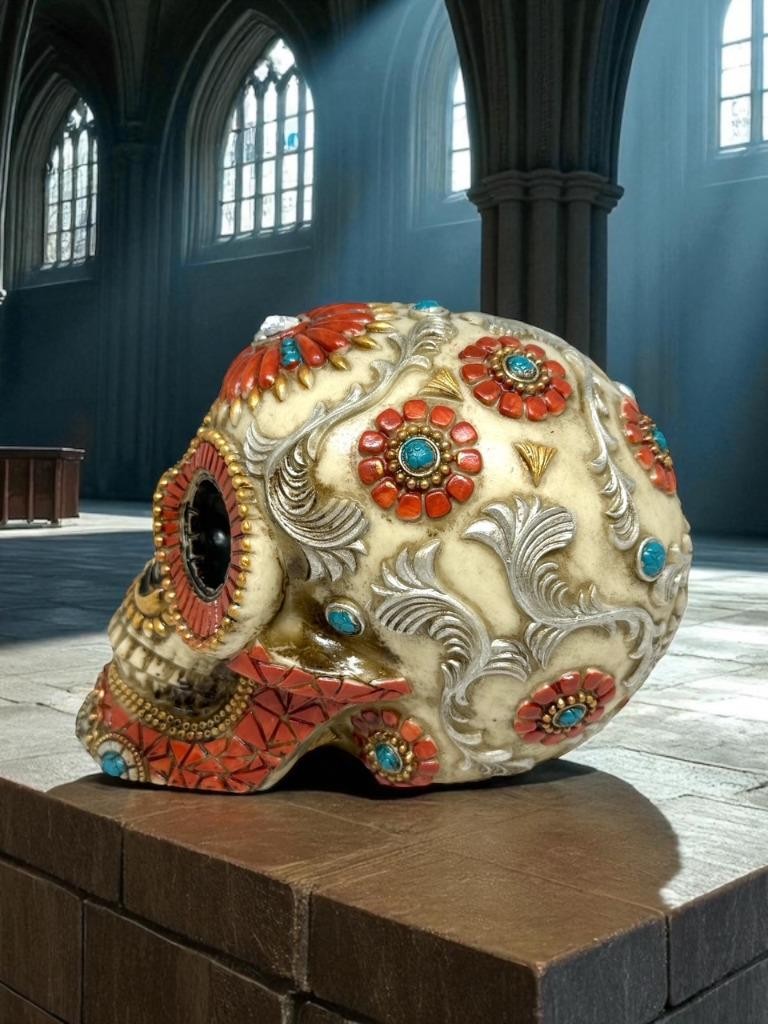 Gothic Day Of The Dead Flower Floral SKULL Skeleton HEAD Sculpture Figurine Gift