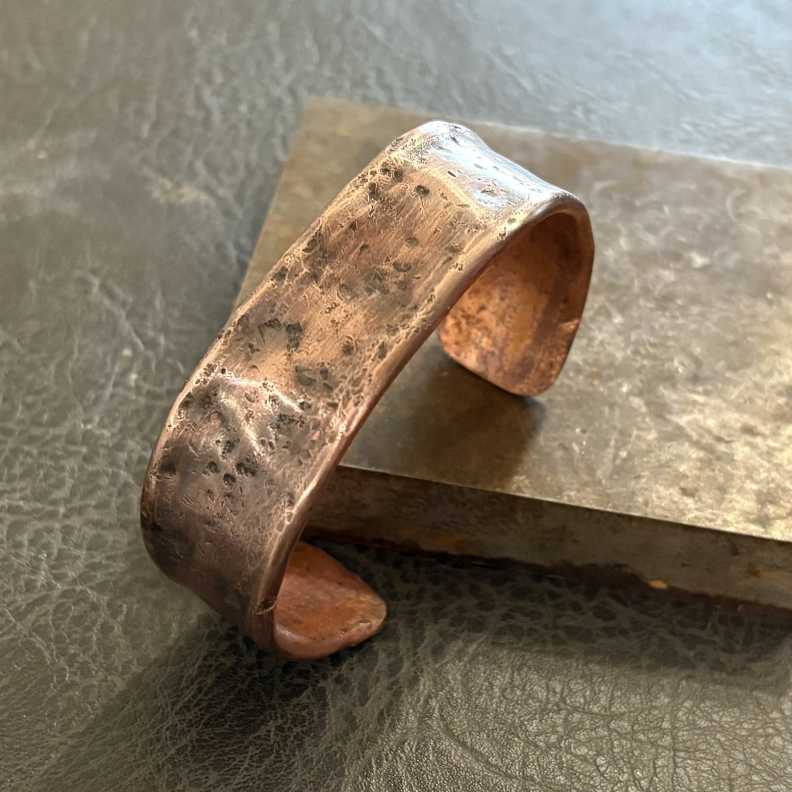 100% Pure Copper Handmade Wide Cuff Bracelet  Men’s Hammered Concrete Finish