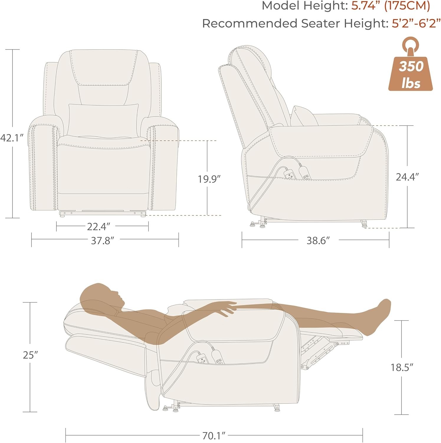 CHITA Large Lay Flat Power Lift Recliner Chair for Elderly with Massage and Heat